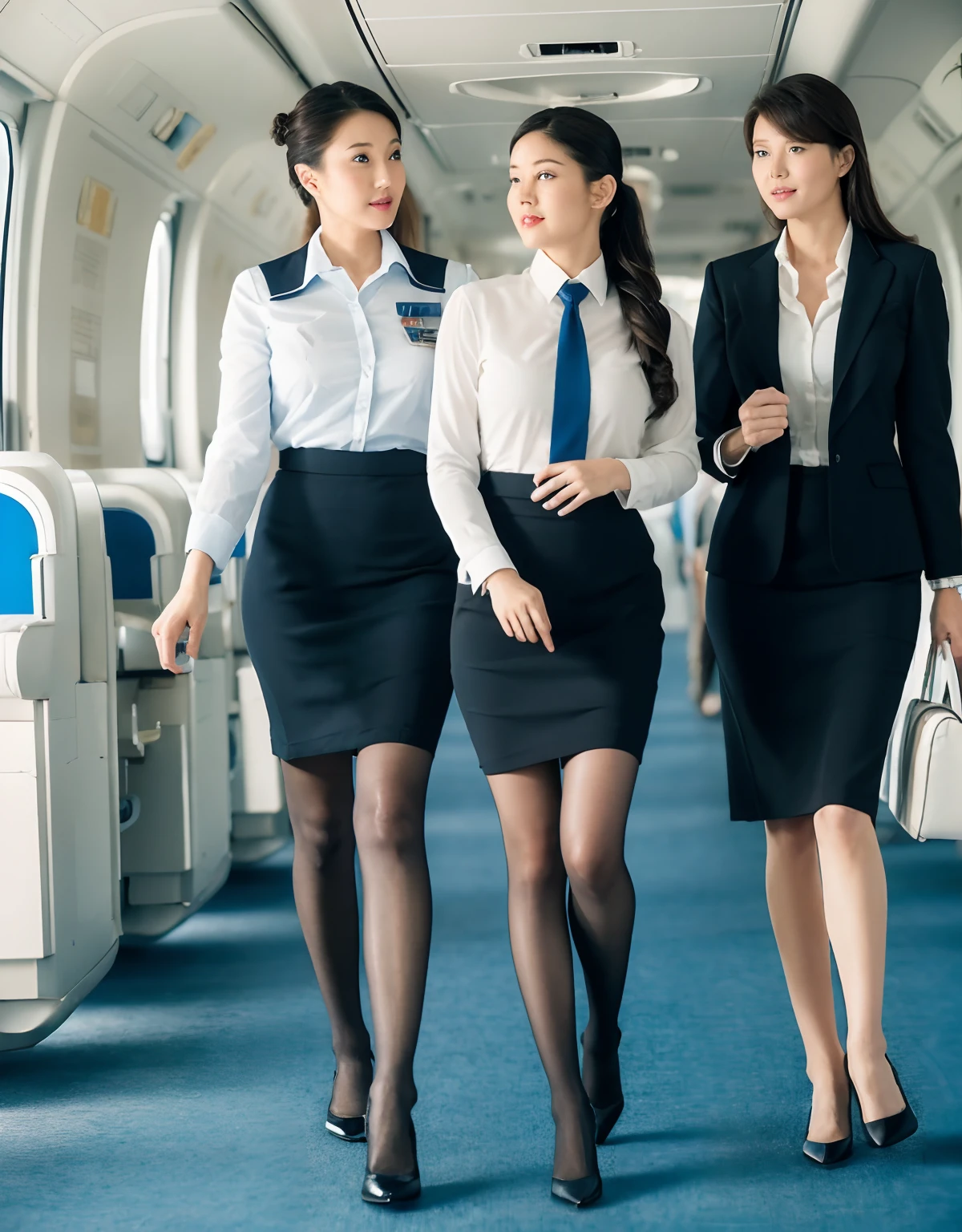 Flight attendant in a pencil skirt, Sheer stockings, Ponytail, Walk down the aisle in a snack cart, Inside the plane. (8K, Best Quality : 1.2), (masutepiece, Photorealistic : 1.3), Super Detail,Anatomically correct, (Solo :1.5)、Flight attendants in tight skirts