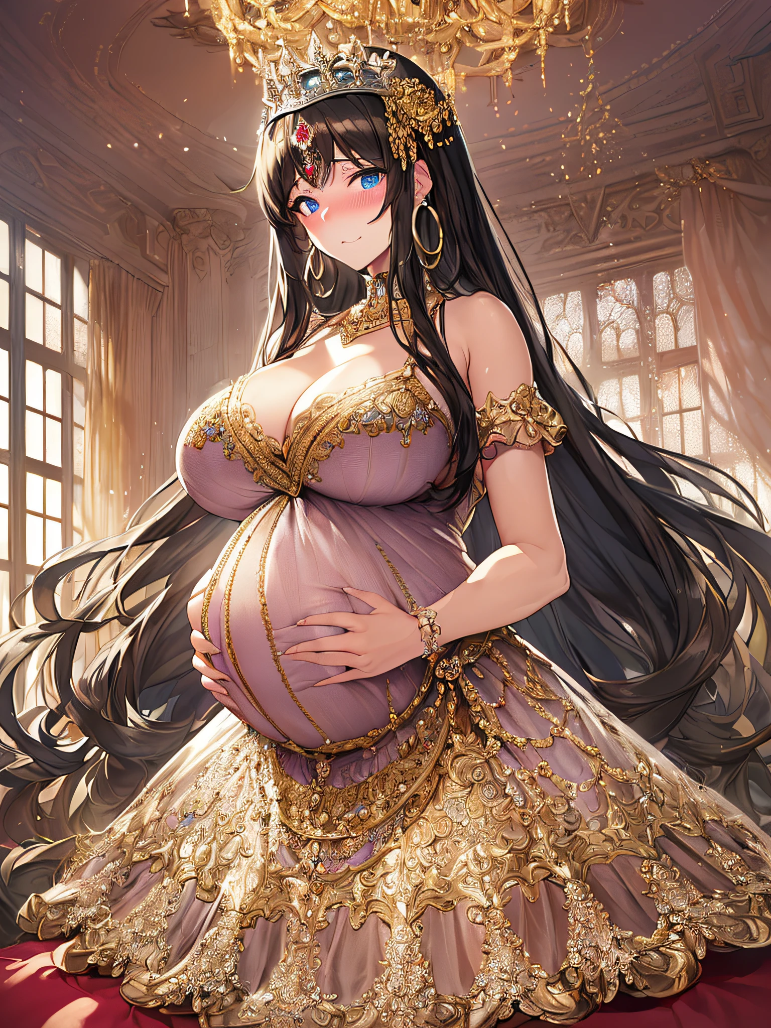 ((anime artstyle)),(Masterpiece),(Best Quality), (Super Detail),((Very Delicate and Beautiful)),(((Solo))),((full body)),(((1 bling-bling pregnant princess in beautiful embroidery and jeweled gorgeous rococo ball gown dress with voluminous full length hoop skirt))),((heavily pregnant)),very big pregnant belly,((bling-bling)),Long train,(bling-bling gorgeous gemstone jewelry),detailed face and eyes,jewel-like eyes,cry,(((embarrassed))),((large amount of straight hair,extremely voluminous Very Long Hair,Very Long Straight Hair)),(((gigantic tits,Long tits))),cleavage,(gorgeousfull embroidery and lace),gorgeous corsage,See-through,((extremely gorgeousfull hair ornament)),bling-bling extremely gorgeousfull jeweled tiara,ornate ruffles,(hoop skirt,crinoline),((Dynamic Angle)),Looking at viewer,((royal bedroom)),((full body)),((beautiful embroidery and jeweled extremely gorgeous rococo ball gown dress with voluminous full length hoop skirt))