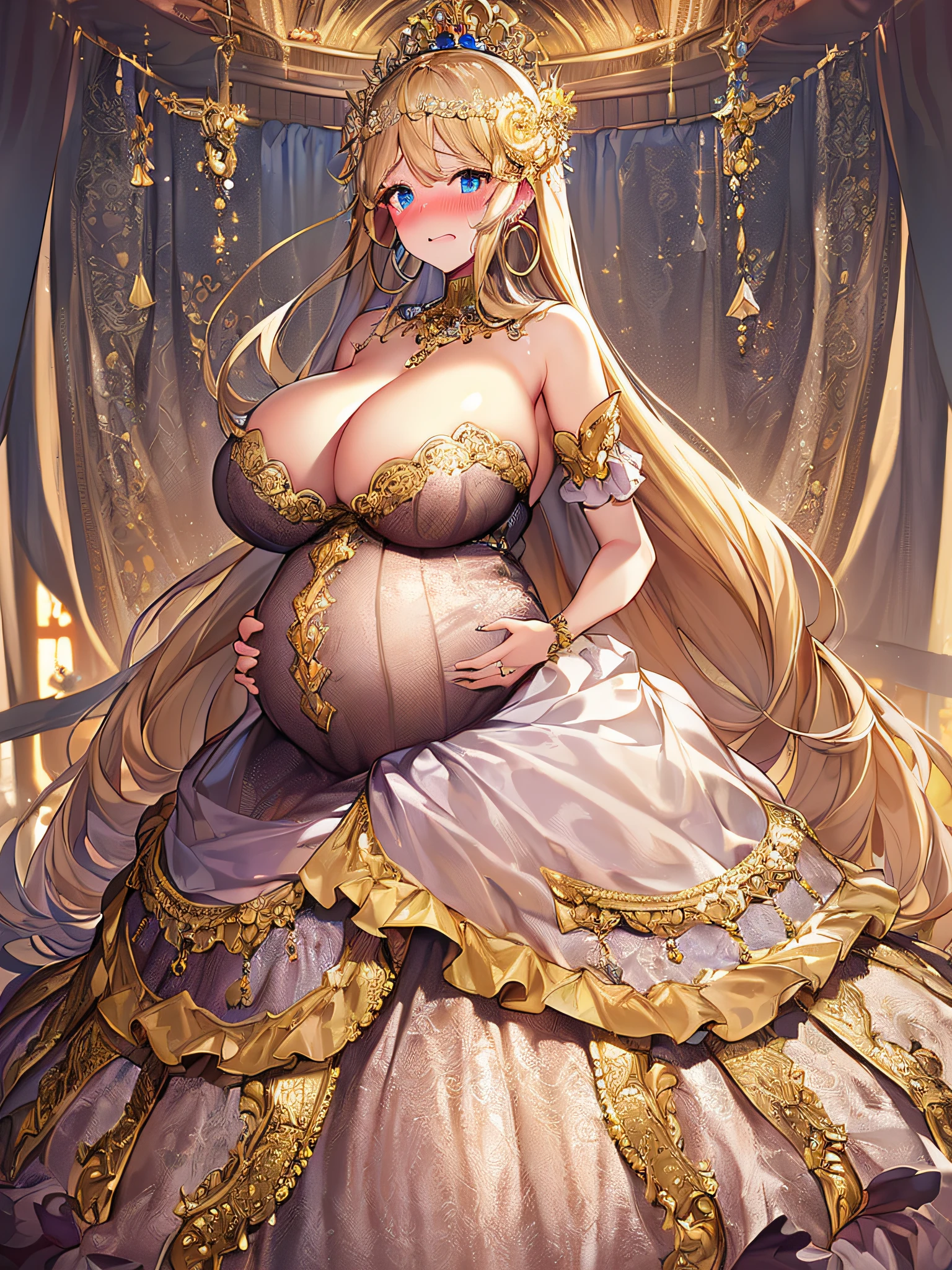 ((anime artstyle)),(Masterpiece),(Best Quality), (Super Detail),((Very Delicate and Beautiful)),(((Solo))),((full body)),(((1 bling-bling pregnant princess in beautiful embroidery and jeweled gorgeous rococo ball gown dress with voluminous full length hoop skirt))),((heavily pregnant)),very big pregnant belly,((bling-bling)),Long train,(bling-bling gorgeous gemstone jewelry),detailed face and eyes,jewel-like eyes,cry,(((embarrassed))),((large amount of straight hair,extremely voluminous Very Long Hair,Very Long Straight Hair)),(((gigantic tits,Long tits))),cleavage,(gorgeousfull embroidery and lace),gorgeous corsage,See-through,((extremely gorgeousfull hair ornament)),bling-bling extremely gorgeousfull jeweled tiara,ornate ruffles,(hoop skirt,crinoline),((Dynamic Angle)),Looking at viewer,((royal bedroom)),((full body)),((beautiful embroidery and jeweled extremely gorgeous rococo ball gown dress with voluminous full length hoop skirt))