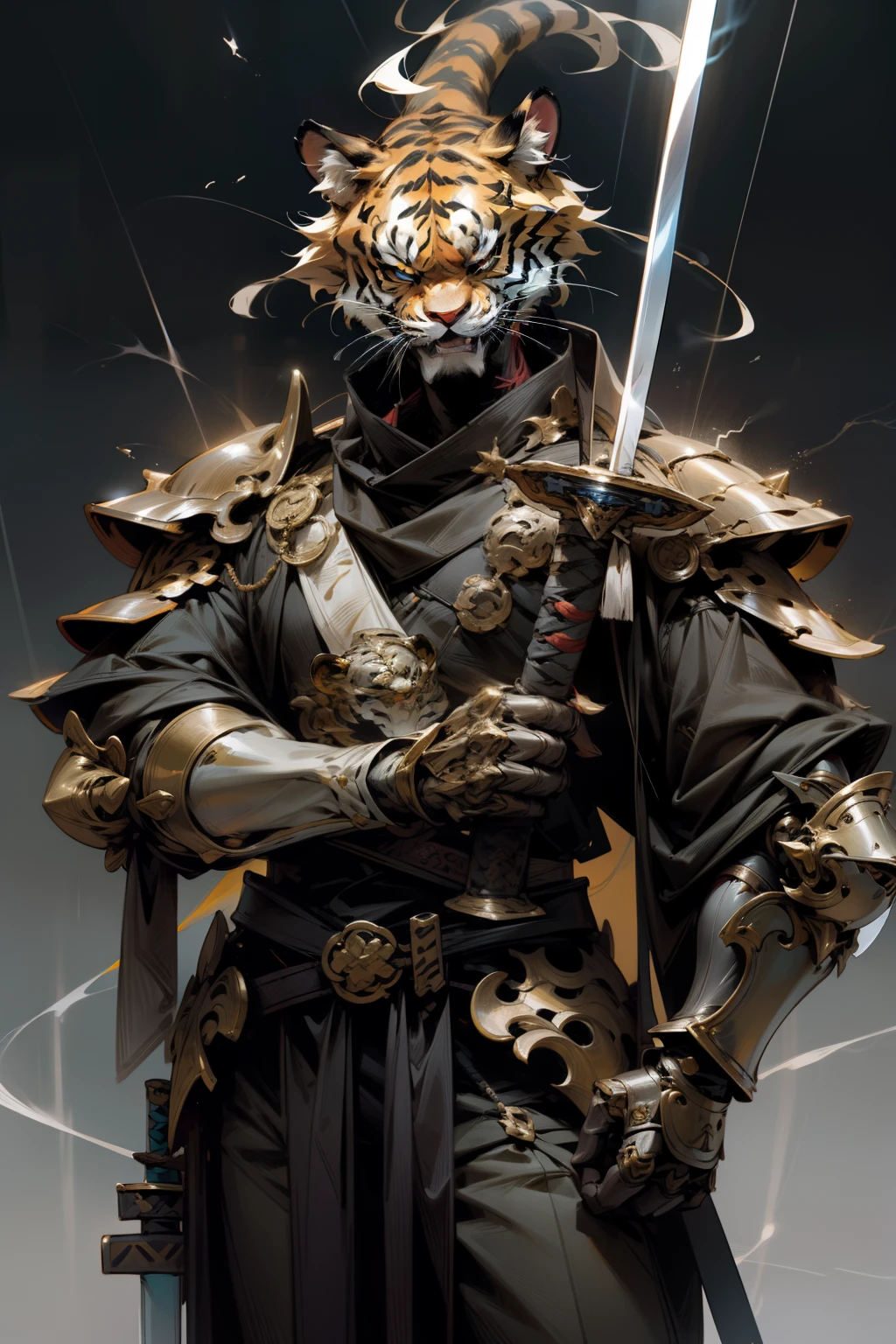 4k, 1 man tiger face, delicate face, wearing armor, katana in hand, sword on his back, in the city, with lightning on his body, a god dragon on his back, perfect hands, ordinary fingers