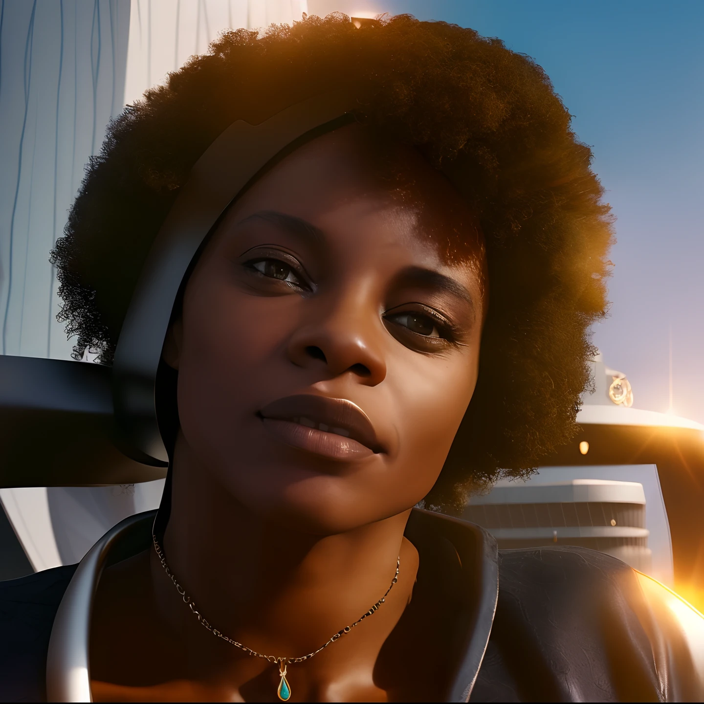 there is a woman with a necklace and a necklace on her neck, foto de uma mulher negra, com afro,  35 Anos , in the background a futuristic city, High resolution image, 8k