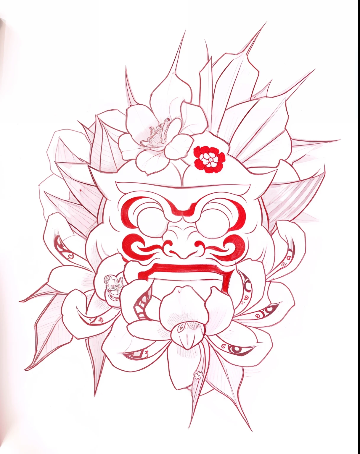 a drawing of a mask with a flower in the middle, medium sized tattoo sketch, tengu mask, tattoo design sketch, oni mask, lsd tattoo design, tattoo sketch, inspired by Kameda Bōsai, inspired by Tōshūsai Sharaku, villain wearing a red oni mask, inspired by Ryūkōsai Jokei, high quality