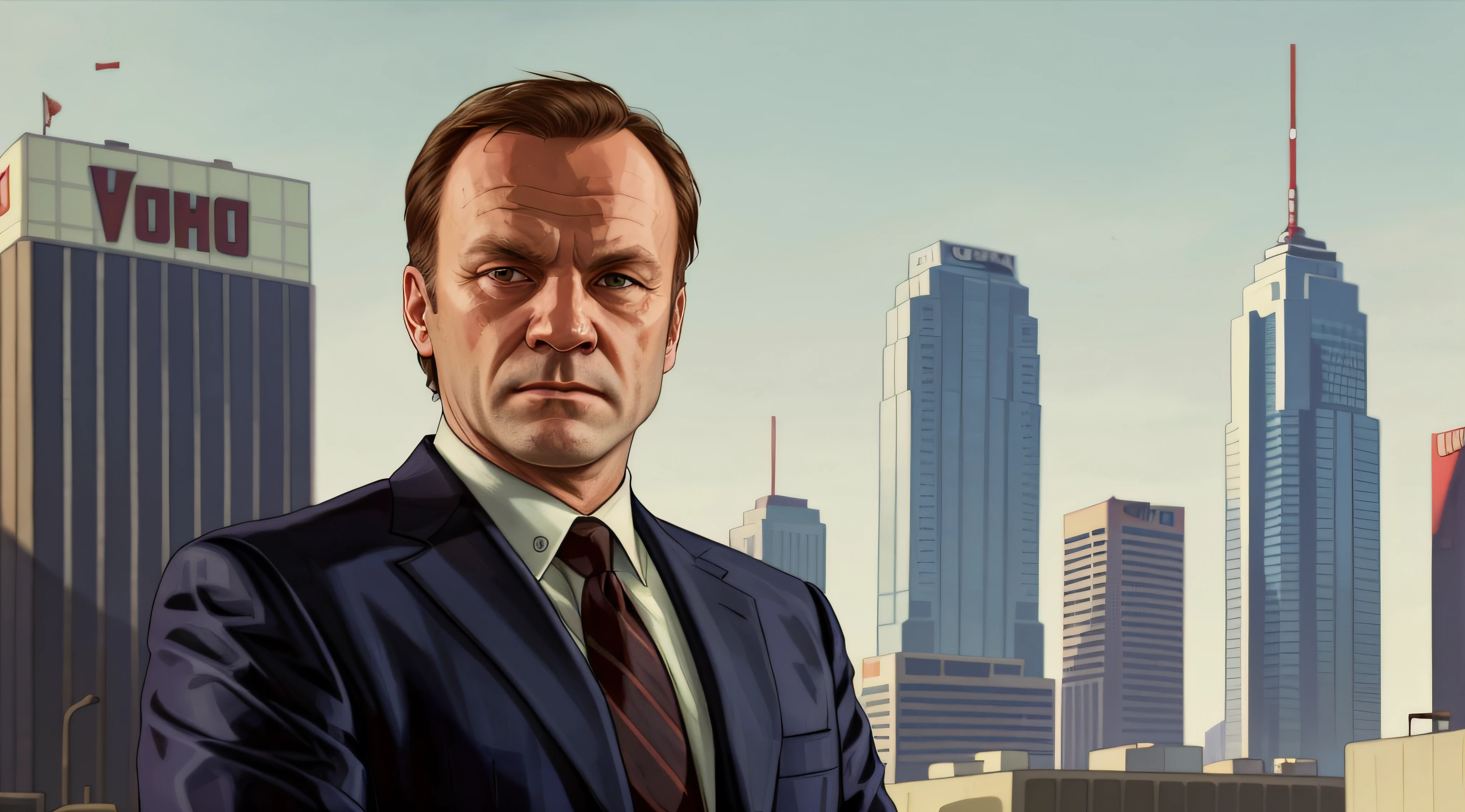 GTAV Loading Screen 2D art, Donald Tusk as GTA5 Character, cinematic composition, standing in front of a city, shaders, bright cinematic lighting, soft contrast, GTA5 loading screen, gta art, wallpaper 4 k, wallpaper 4k, hq 4k wallpaper, gta loading screen art, fan art, rockstar games art