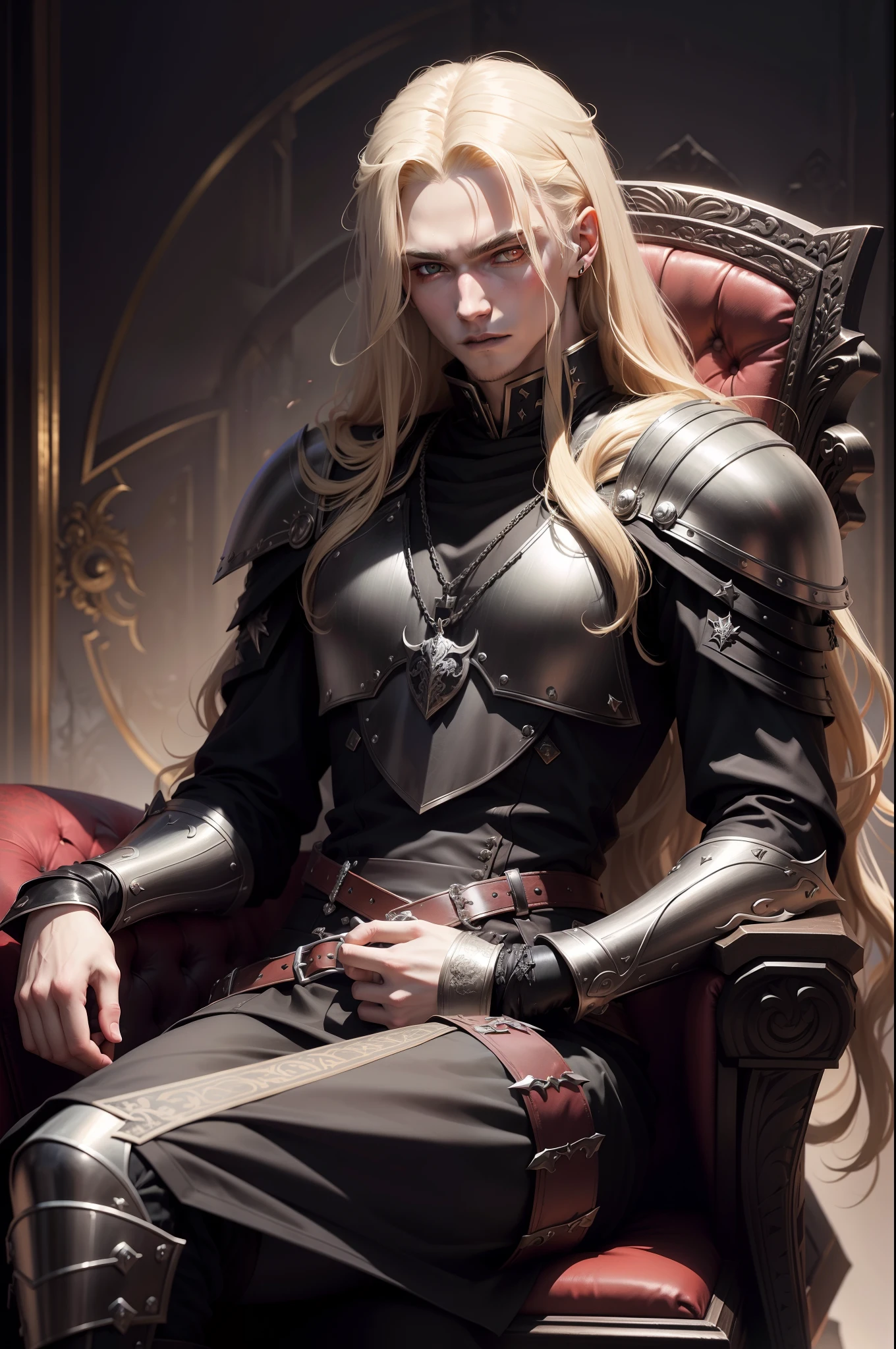 An 18 year old man, vampire, long blond hair with a lock of hair falling on his forehead, wears black gothic armor with an emblem of blood on his shoulder, is sitting on a throne supporting his head with two fingers, medieval, anime.