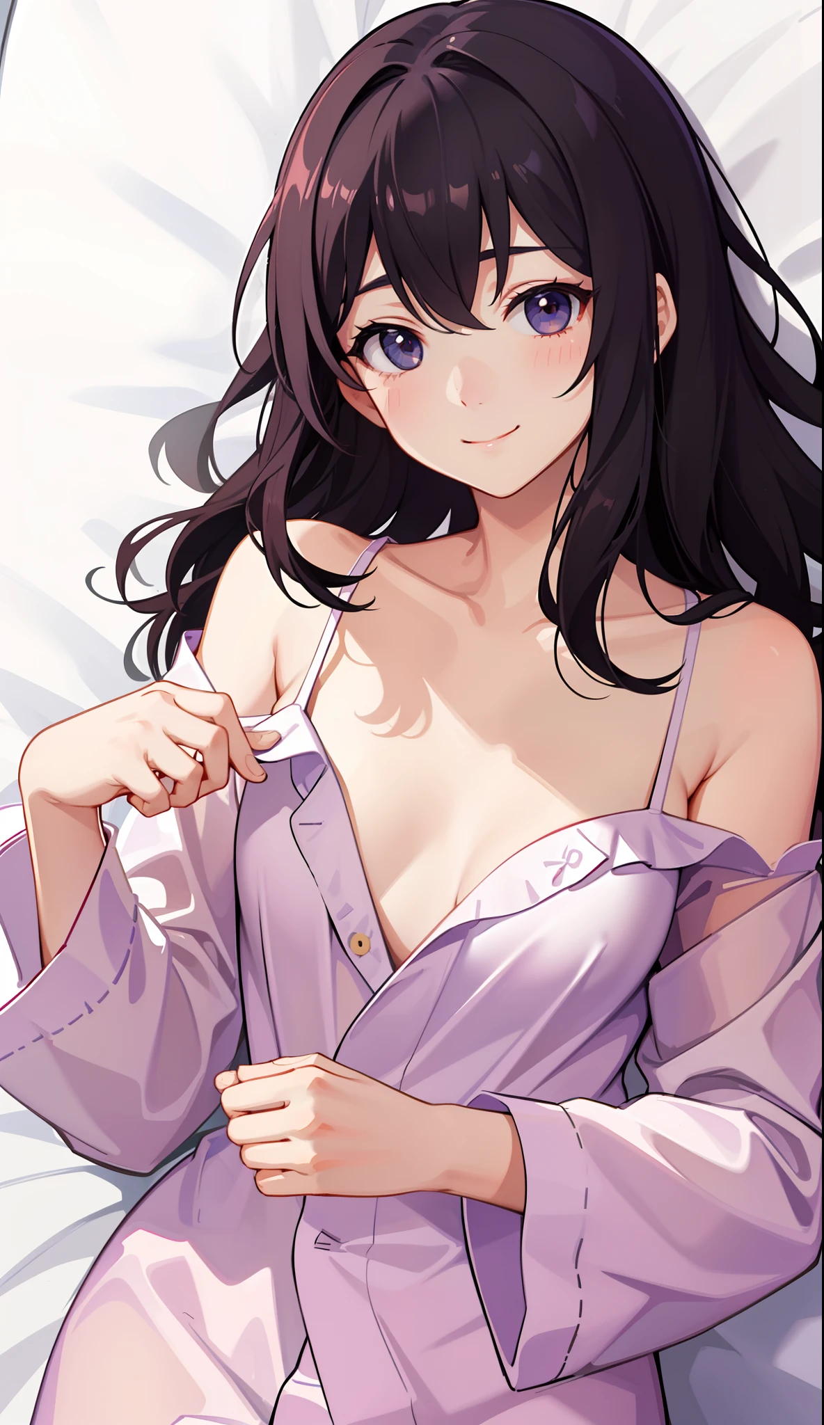 1girl in、A smile、A delightful!　Cute pajamas、dressing gown、（small tits）、Sleeping in large letters、Upper body portrait、