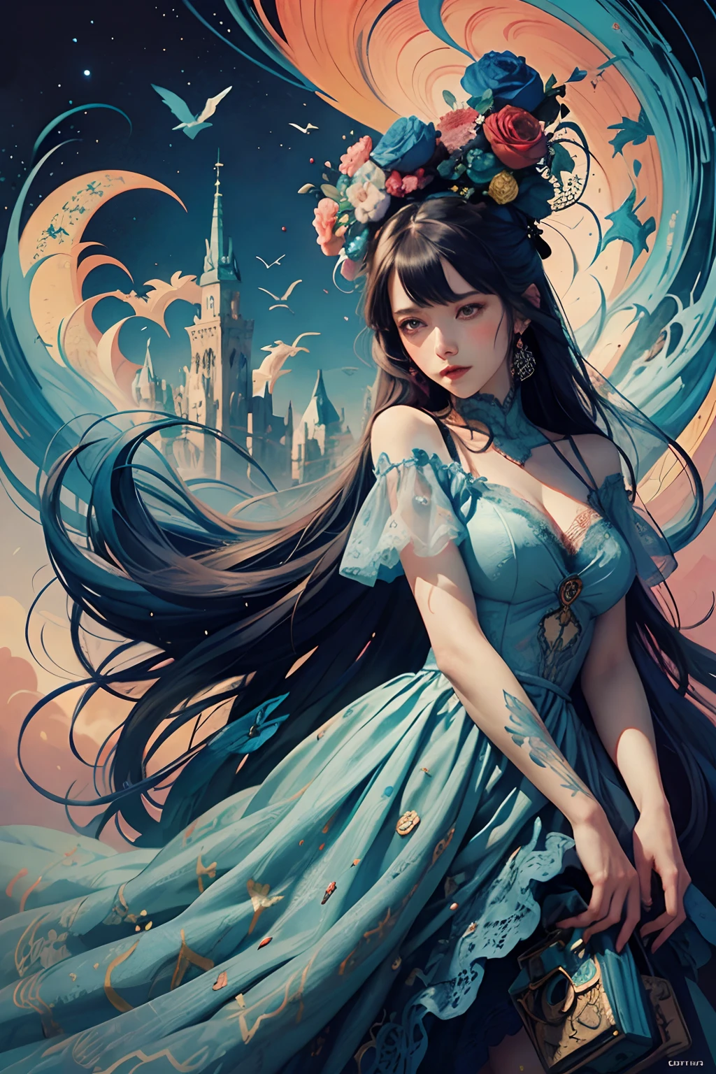Beautiful European 1girl ((blue))long hair) (puffy (red lace dress) , open shoulders), fantasy, vibrant, surrealism, hyperdetailed, hypermaximalist illustration by Victo Ngai, Hokusai, Andreas Lie, Android Jones