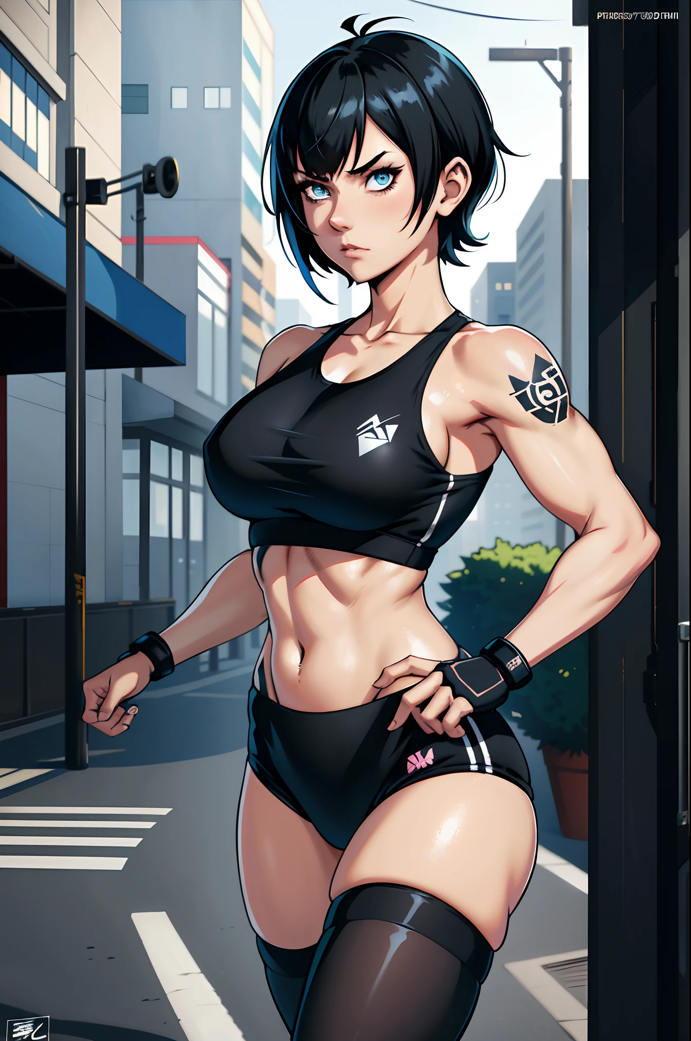 1 girl alone, alone, short hair, black hair, blue eyes, Anime girl with tattoos posing in a black outfit in a city, fitness outfit, exercise clothes, bikini, digital anime art, anime girl, female anime girl, anime art, muscular!, big oppai, Ilya Kuvshinov, badass anime 8k, anime art,