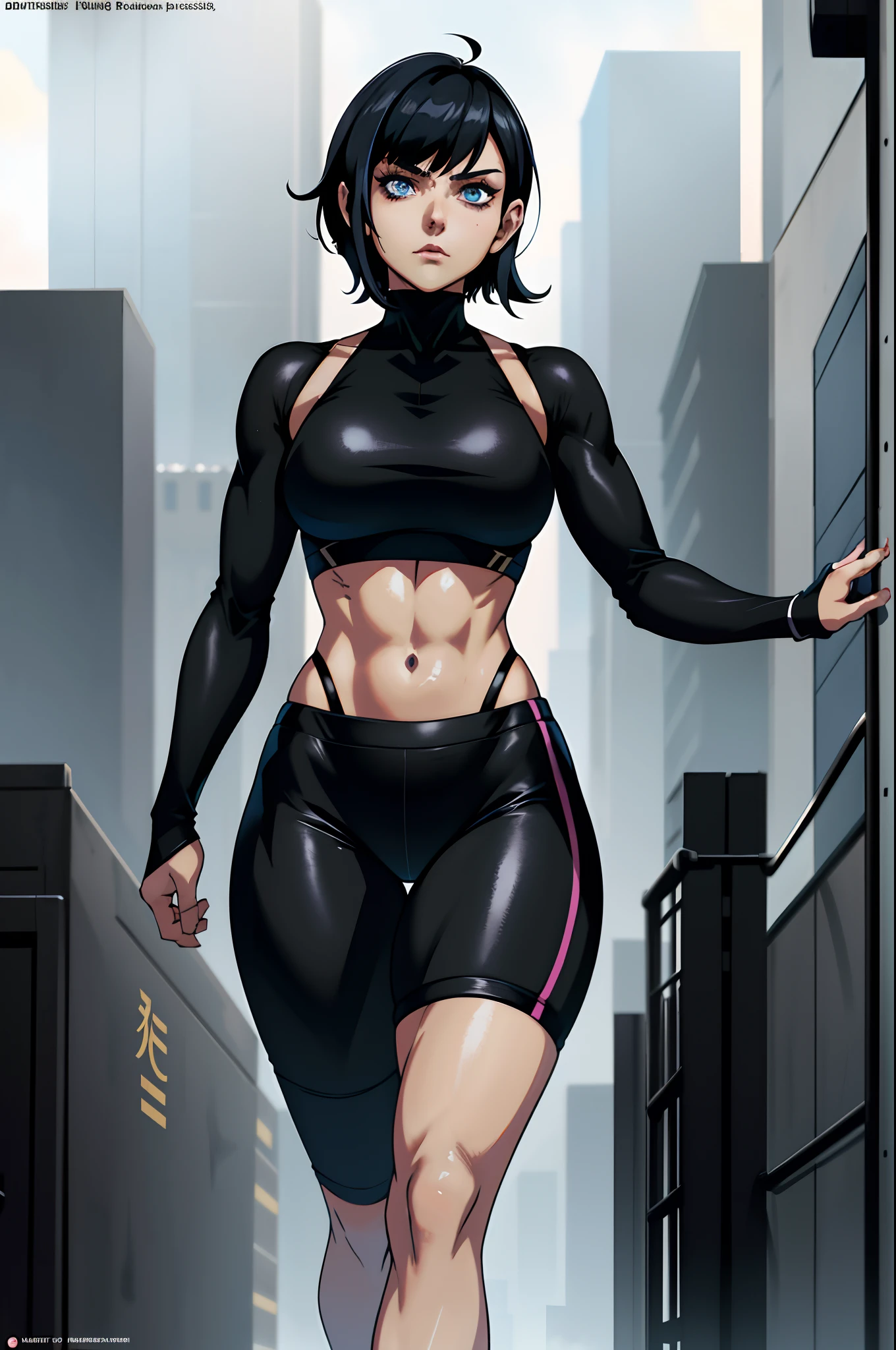1 girl alone, alone, short hair, black hair, blue eyes, Anime girl with tattoos posing in a black outfit in a city, fitness outfit, exercise clothes, bikini, digital anime art, anime girl, female anime girl, anime art, muscular!, big oppai, Ilya Kuvshinov, badass anime 8k, anime art,