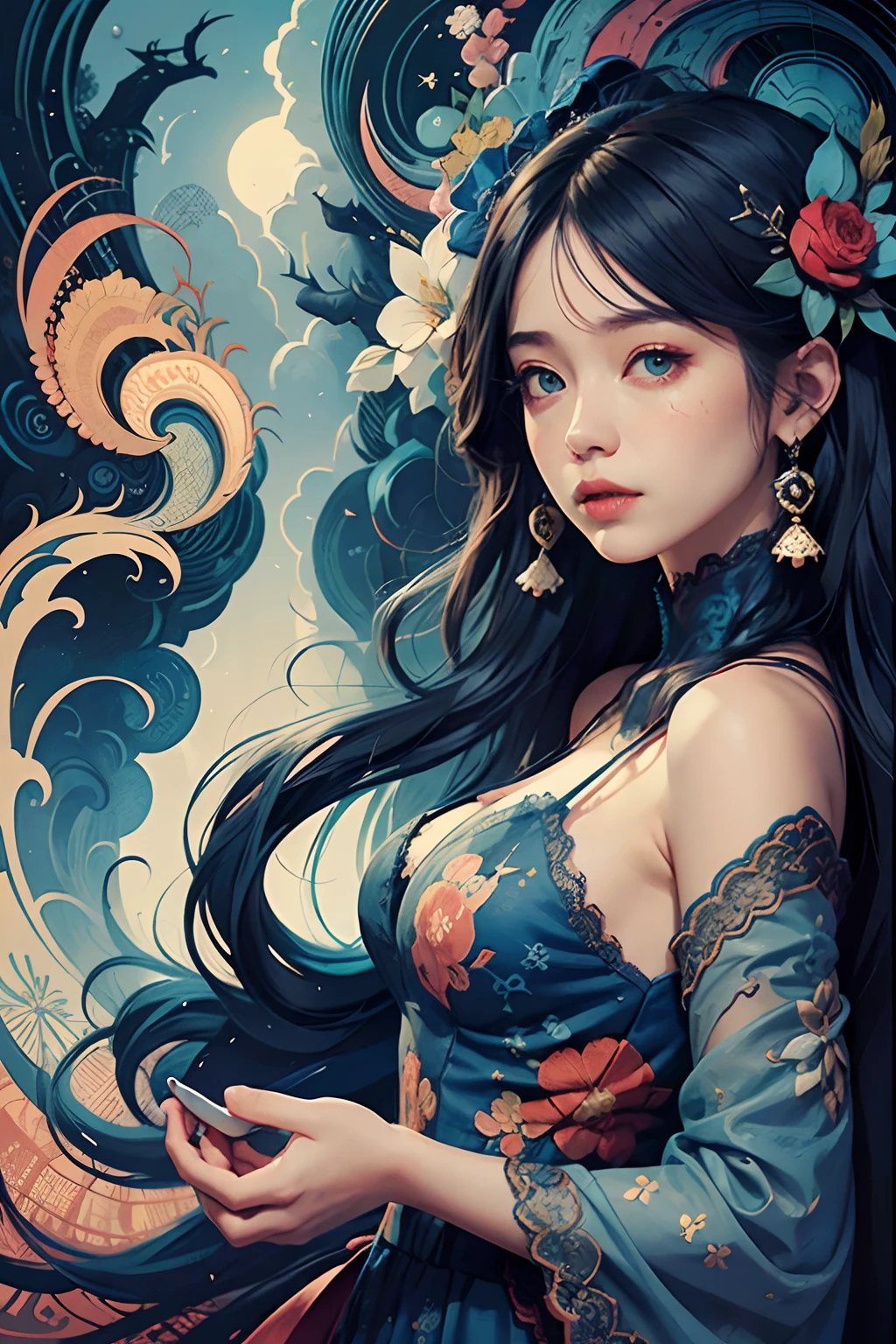 Beautiful European 1girl ((blue))long hair) (puffy (red lace dress) , open shoulders), fantasy, vibrant, surrealism, hyperdetailed, hypermaximalist illustration by Victo Ngai, Hokusai, Andreas Lie, Android Jones