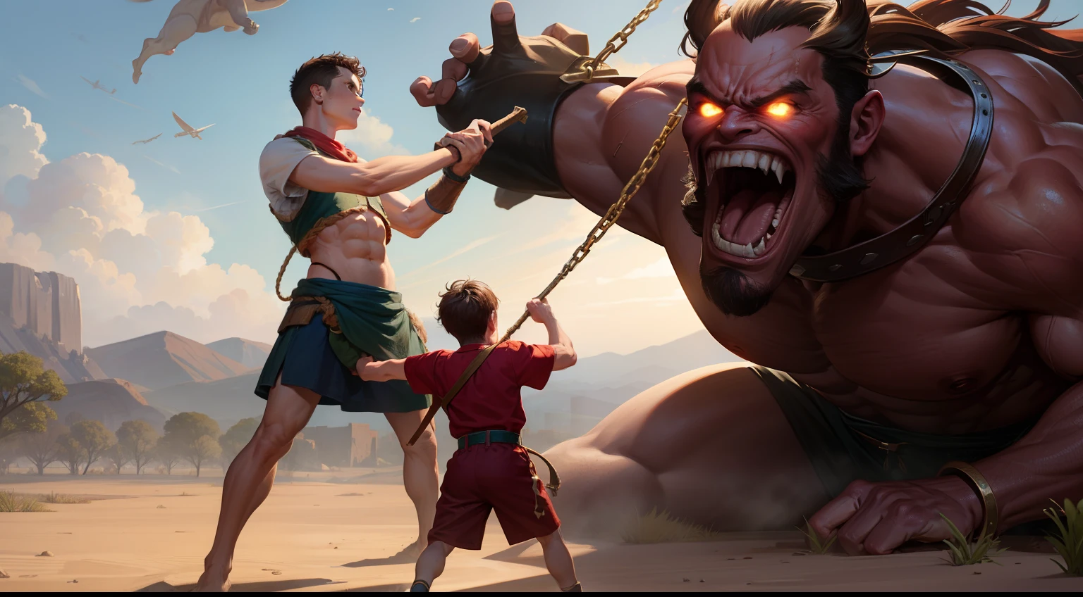 David bible boy fighting the giant Goliath.
image rich in detail, the giant catches davi with one hand, David is enraged with his sling.