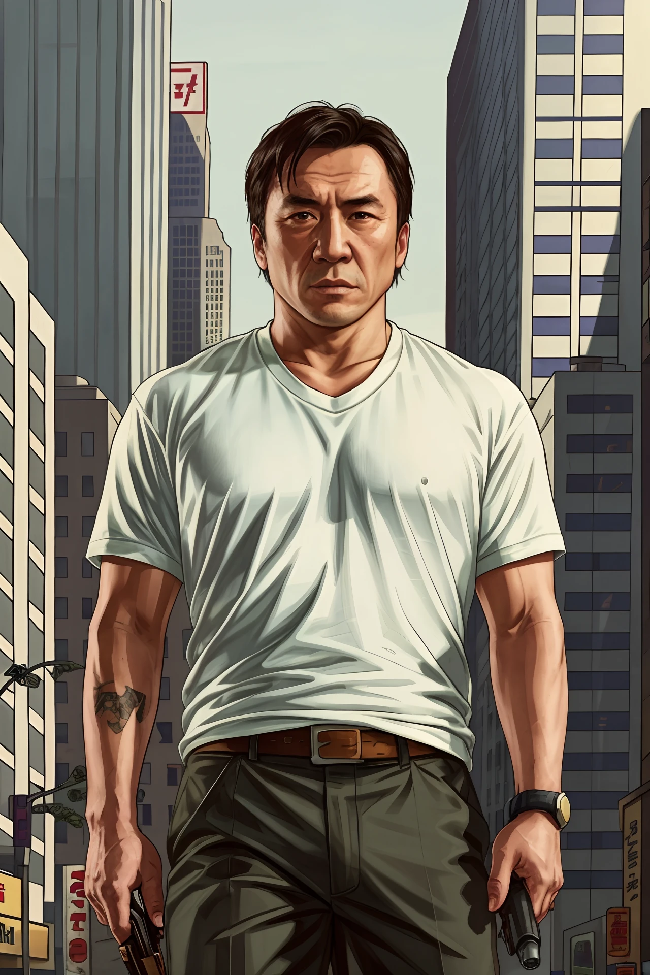 GTAV Loading Screen 2D art, Jackie Chan as GTA5 Character, cinematic composition, standing in front of a city, shaders, bright cinematic lighting, soft contrast, GTA5 loading screen, gta art, wallpaper 4 k, wallpaper 4k, hq 4k wallpaper, gta loading screen art, fan art, rockstar games art