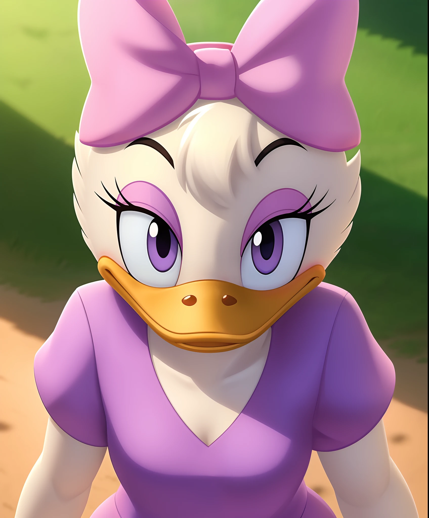 uploaded on e621, portrait of Daisy Duck ((sexy)), (pink bow on head), (purple shirt), (blush), (smile), (female duck), (avian), BREAK. (8k), (detailed lighting), ((detailed feathers)), (((looking at viewer))), ((front view)), ((high angle shot)), [backlighting], [detailed ambient light], ((depth of field)), (suggestive content), ((best quality)), (((masterpiece))), BREAK