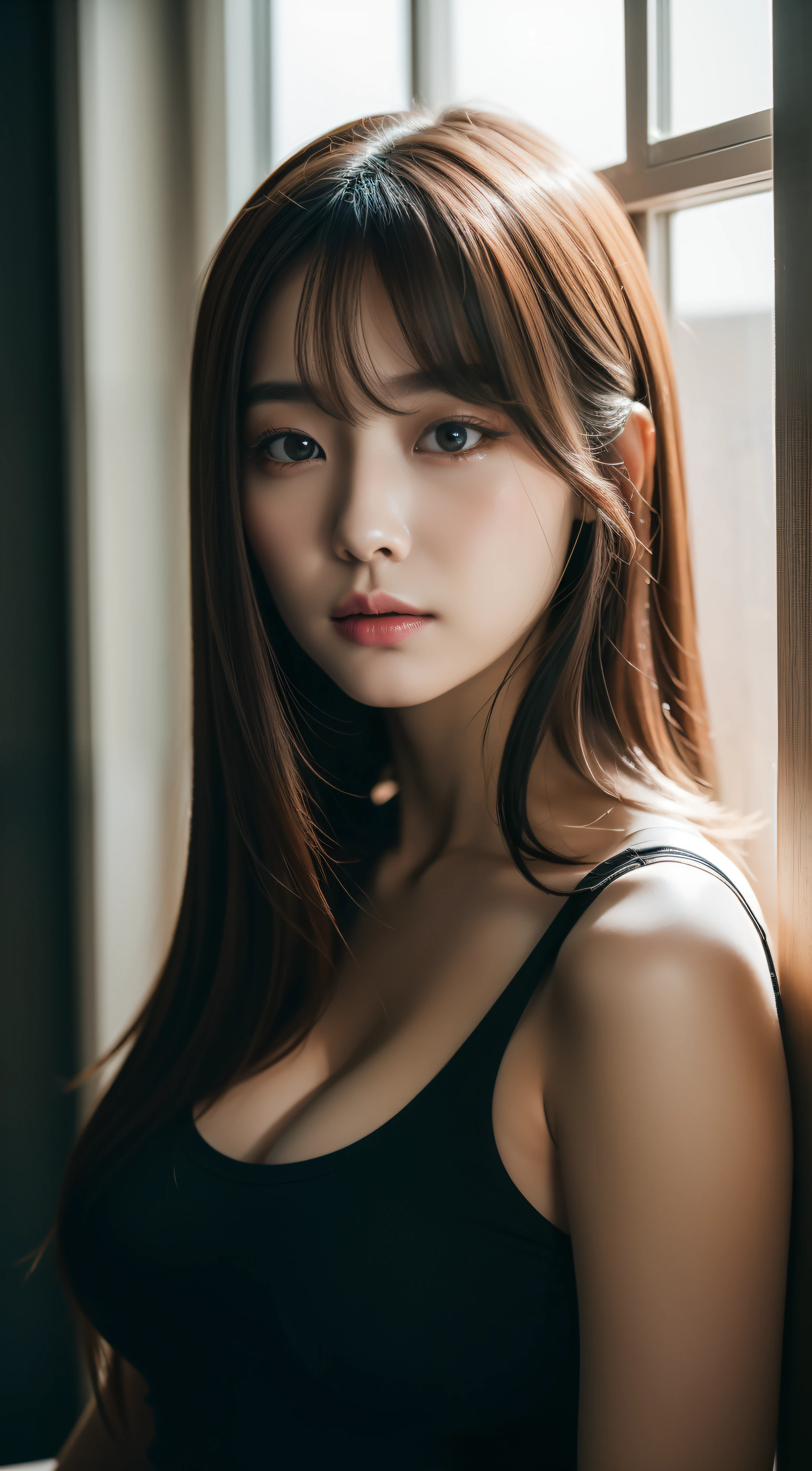 realistic photos of (1 cute Korean star) single hair intake, thin makeup, 32 inch size, wearing black tank top, at the window's room, close-up, satellite image, cinematic lighting, UHD