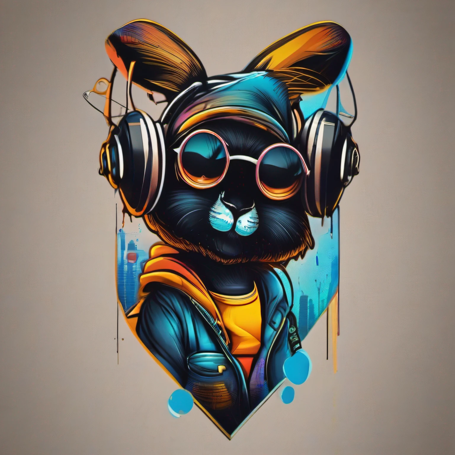 arte da camiseta, 2D, ((fundo preto :1, 5)), vetor, vivid colors, Funny character coelho personagem COM roupa ESTILO hip hop , melhor qualidade, detalhes intrincados, Realistic details, luz de aro, cinematic shading, Greg Rutkowisk,