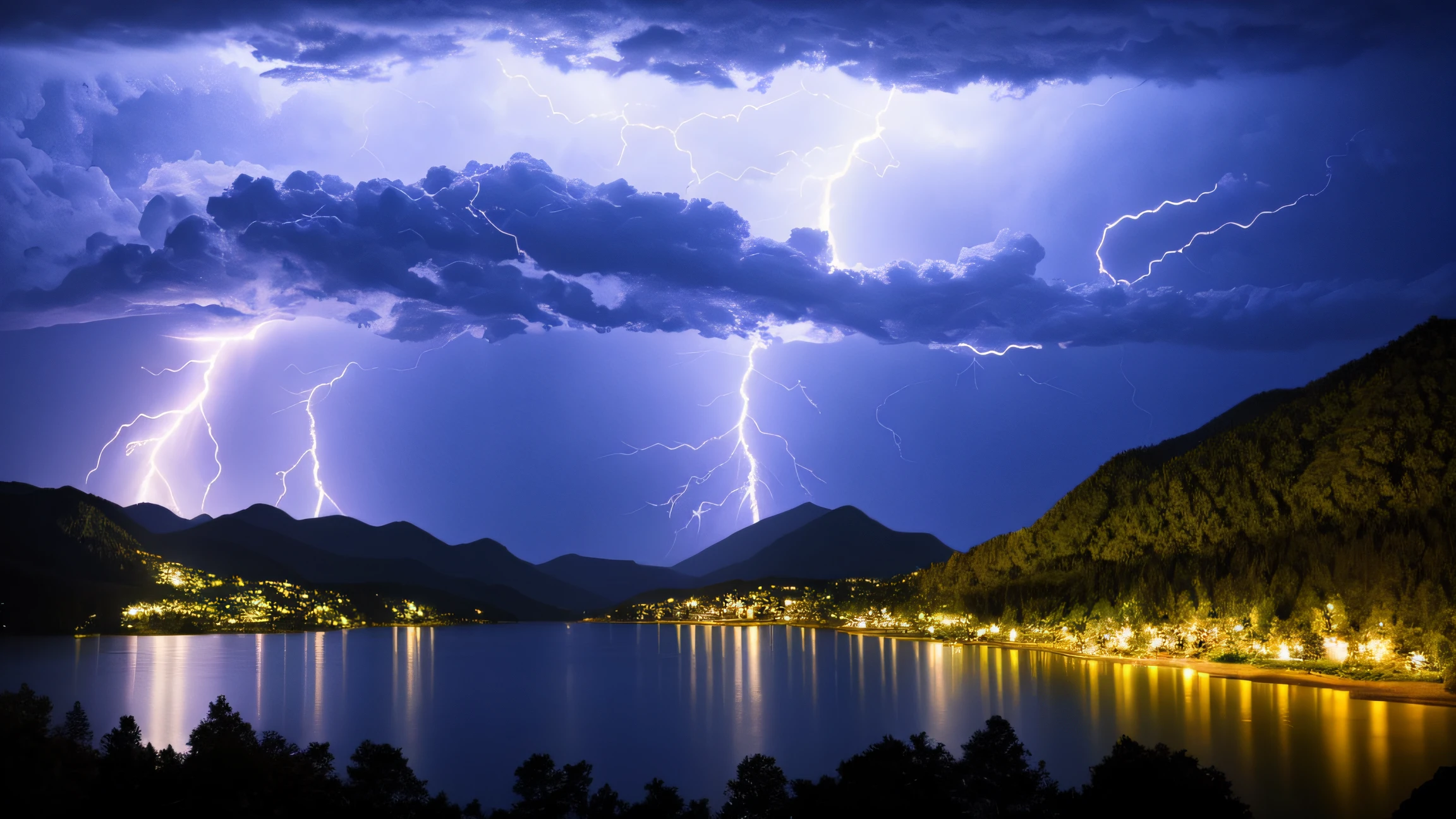 There's lightning striking a mountain lake, majestosa paisagem natural, lightening tree, Magical Tempestuous Reflections, epic beautiful landscape, papel de parede da natureza, natural lightting, an amazing landscape image, natureza deslumbrante no fundo, breathtaking landscape, epic landscape, magical landscape, mountains river trees, beautiful lightning, beatifull lightning, lightning behind, Storm at night, setting in nature