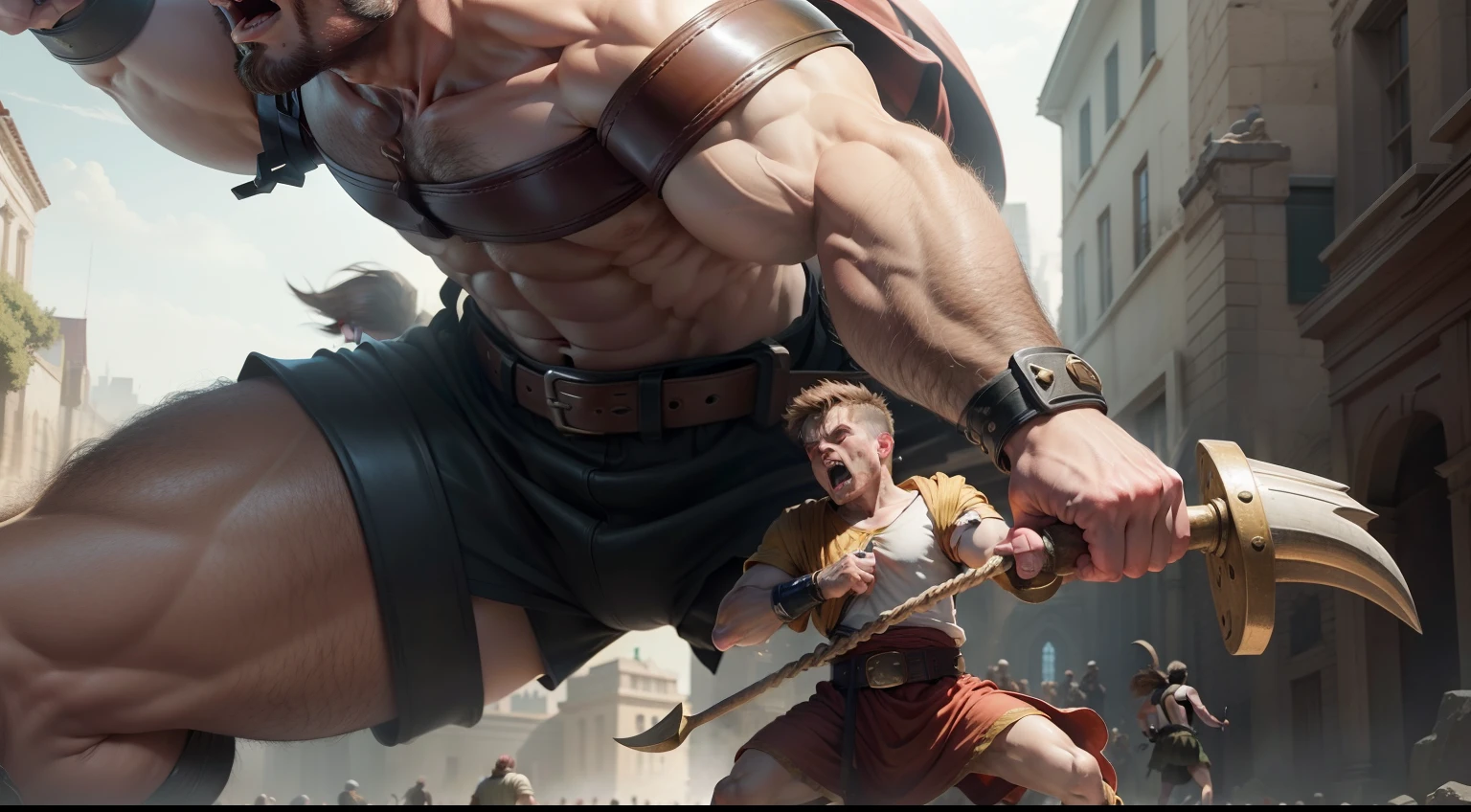 David bible boy fighting the giant Goliath.
image rich in detail, the giant catches davi with one hand, David is enraged with his sling.