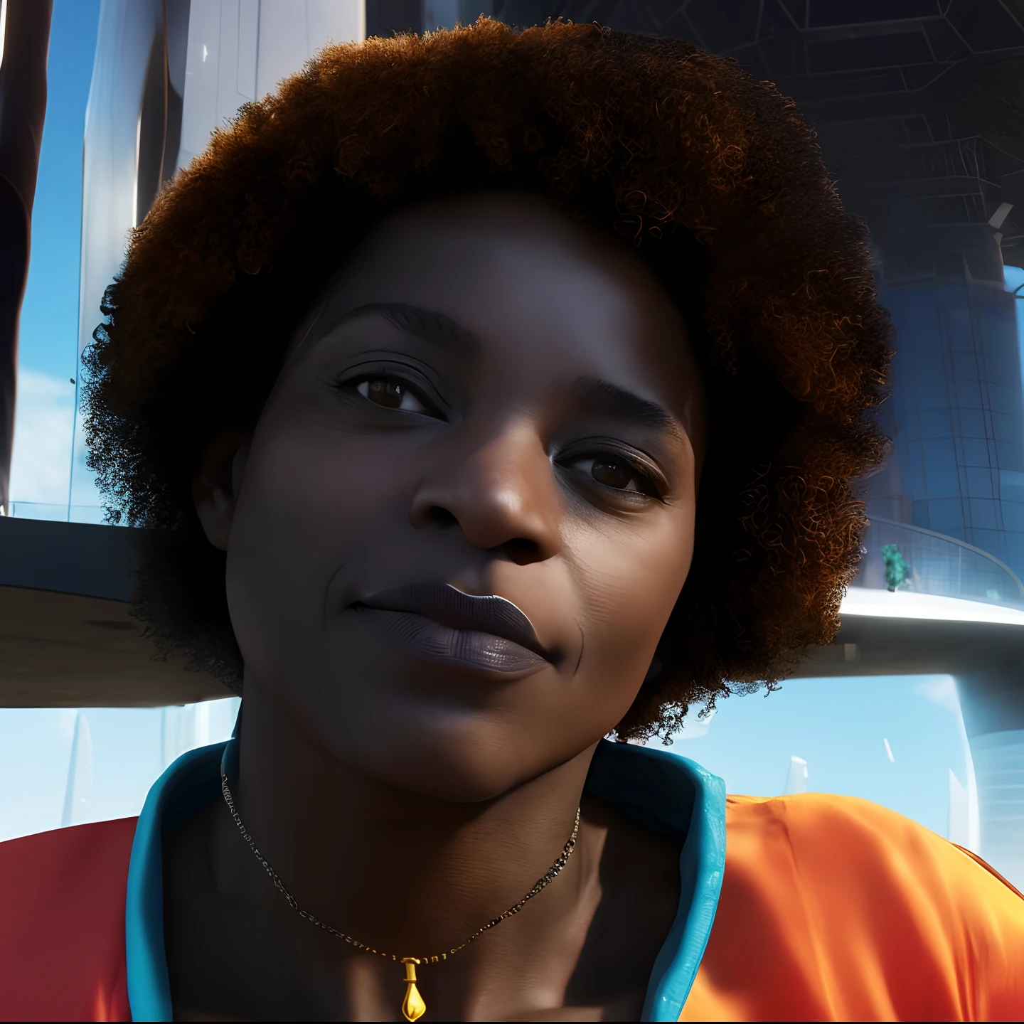 there is a woman with a necklace and a necklace on her neck, foto de uma mulher negra, com afro,  35 Anos , in the background a futuristic city, High resolution image, 8k
