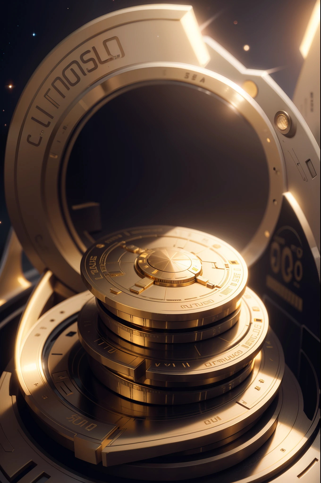 futuristic golden coins with increasing virtual chart in space to reach goal, ultra realistic, ultra detailed, 8k, photorealistic, highly detailed, cinematographic