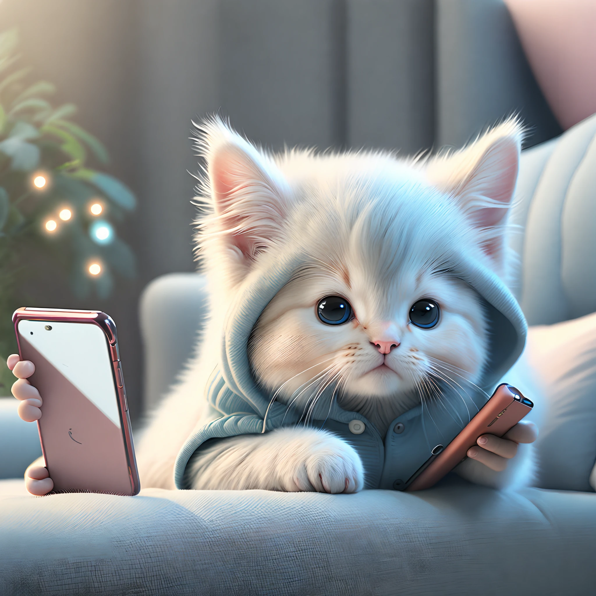 A Q version kitten lying on a sofa playing with his mobile phone