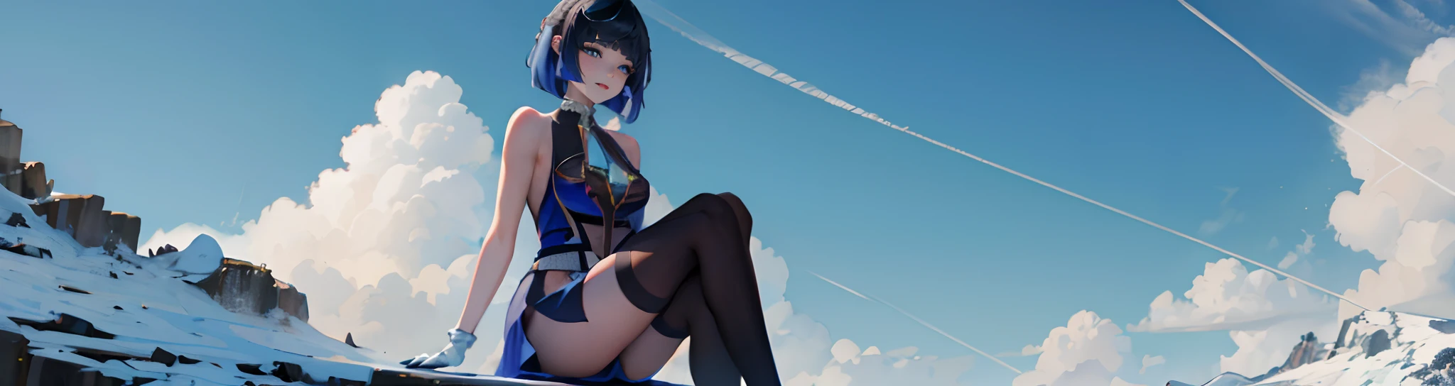 A stunningly beautiful yelan wearing a mini-skirted uniform sitting on top of a mountain, upskirt