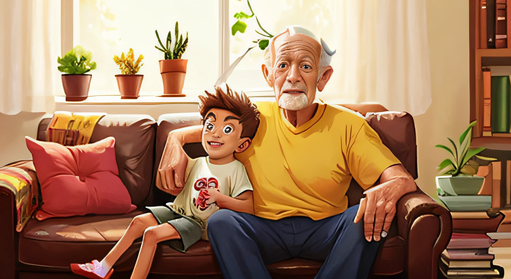 Lucas tem 9 anos, and grandfather sitting on the couch in the living room talking