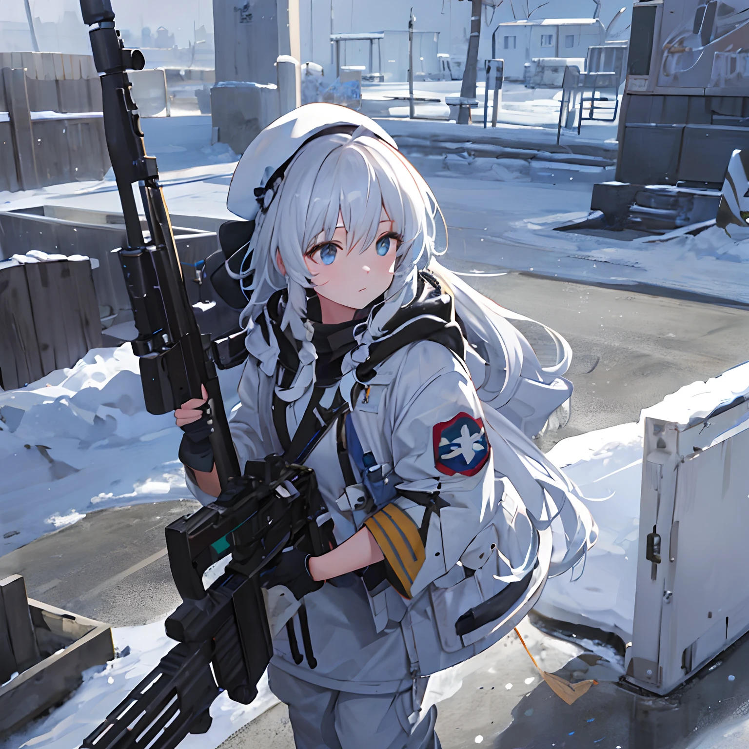 ((Masterpiece,Best quality,Detailed)) 8K, 4K, A high resolution, 1girll, Solo, ph elaina, Majo no tabitabi, White hair, ahoge, Long hair, Braid, Blue eyes, :<, winter, Snow, Snowsuit, Gun, arma, rifle, holding weapon, Keep the trap, Headwear