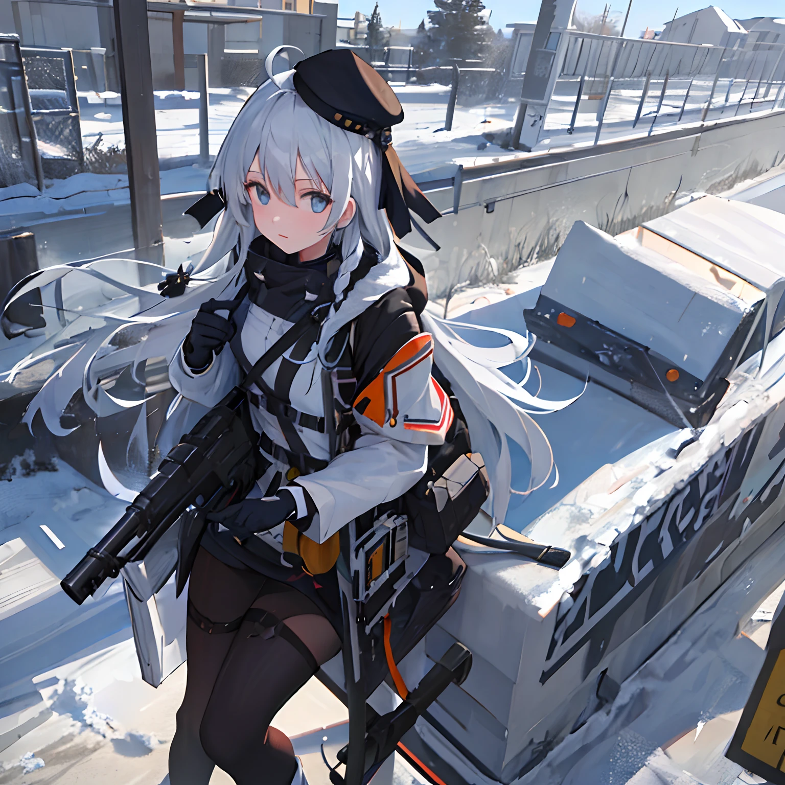 ((Masterpiece,Best quality,Detailed)) 8K, 4K, A high resolution, 1girll, Solo, ph elaina, Majo no tabitabi, White hair, ahoge, Long hair, Braid, Blue eyes, :<, winter, Snow, Snowsuit, Gun, arma, rifle, holding weapon, Keep the trap, Headwear