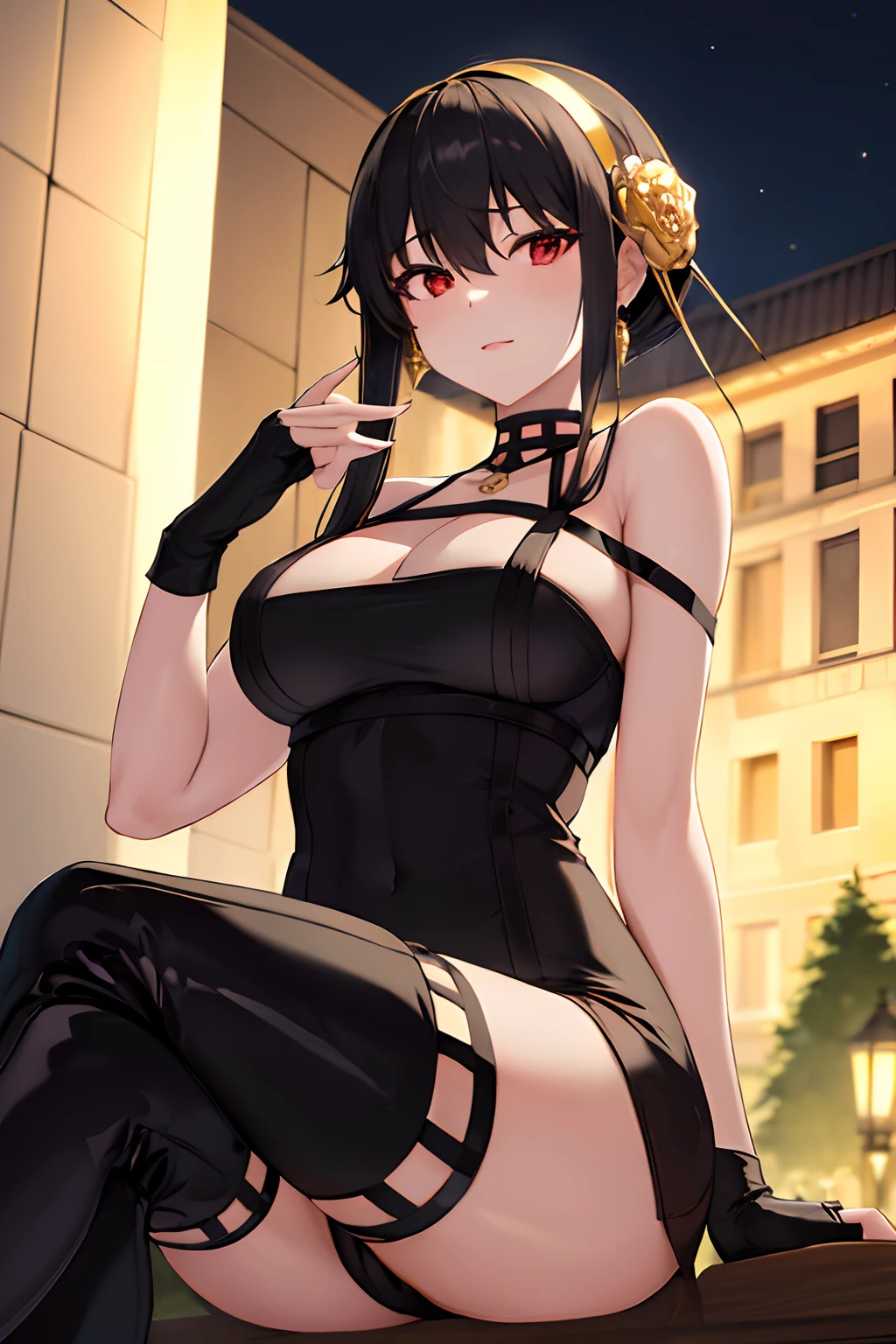 masterpiece, best quality, highres, aayorf, sidelocks, gold hairband, hair ornament, red eyes, gold earring, large breasts, choker, bare shoulders, black dress, two-sided dress, fingerless gloves, thigh boots, looking at viewer, outdoors, night, from below, black panties, sitting