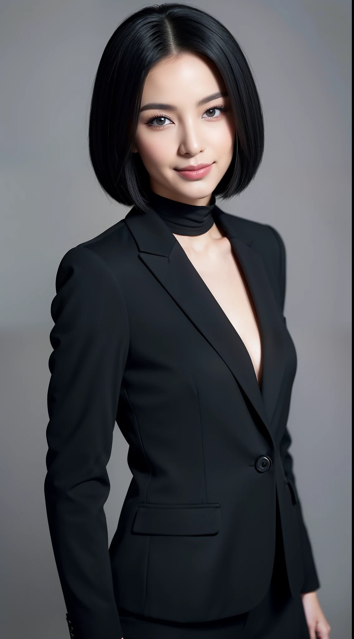 no centro da imagem, uma mulher japonesa de cabelos compridos, pretos e lisos se destaca. She is elegantly dressed in a black female tailleur, Composed of jacket and pants of impeccable cut, que acentuam sua figura. The woman is standing, Da frente para a foto, conveying confidence and determination. Global lighting enhances its beauty and highlights its delicate features. Seu olhar penetrante cativa o espectador, conveying an aura of mystery and power. His eyes are bluish, adding a touch of uniqueness and allure. with a discreet smile on his lips, The woman exudes a subtle elegance and security. Ela usa batom preto, accentuating the lips and adding an element of boldness and individuality to your look. The image conveys a sense of sophistication and mystery, combining the classic beauty of the Japanese woman with modern and distinctive elements. Her impeccable appearance and confident posture make her a captivating and intriguing figure. This visual representation depicts a Japanese woman with straight black hair, wearing a black female tailleur with pants. Seu olhar penetrante, olhos azulados, Black lipstick and discreet smile give an air of mystery and elegance to your image. She personifies timeless beauty and inner strength, inviting the viewer to engage with his striking presence. A imagem da mulher precisa de corpo inteiro. A mulher precisa aparecer de corpo inteiro na foto. It is in the position facing the image. Mulher com o corpo para frente olhando para frente.