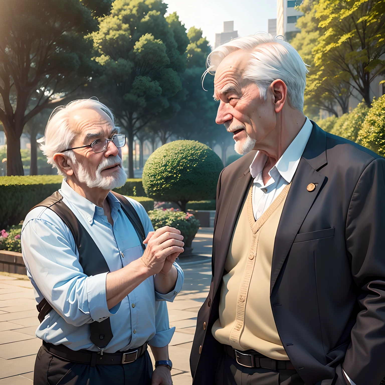 (anime style), high quality photography; 1.4, high quality city background, (cinematic) landscape, garden and trees, old man wrinkled face, telling stories to his grandson --auto