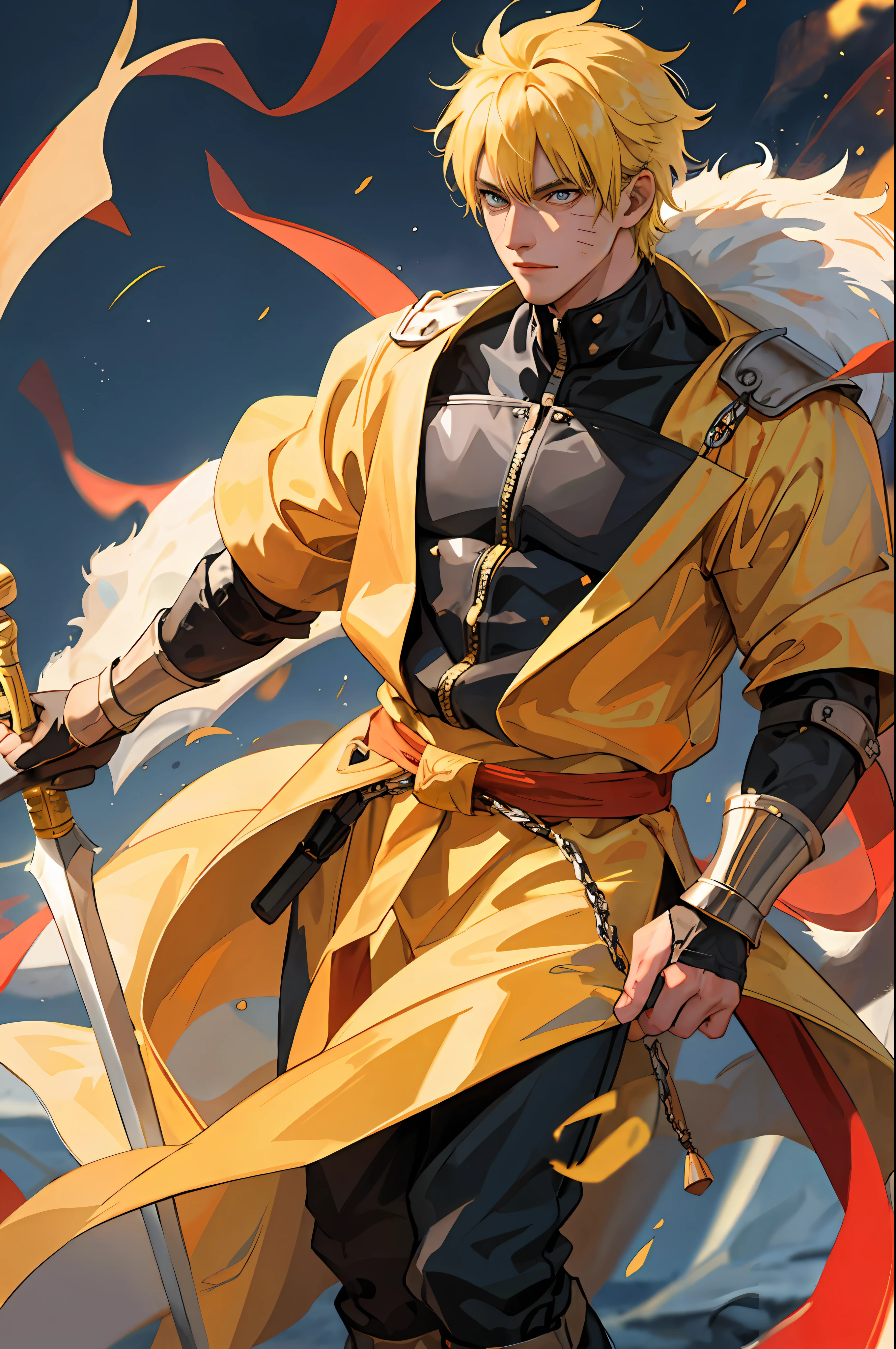 8k, best quality, masterpiece, highly detailed, semi realistic, 1 boy, mature male, 20 years old, yellow hair, short hair, curtain bangs, blue pupils, golden armor, black fluffy pants, golden iron boots, redblack fluffy brimmed cloak, wielding sword, knight, coronation ceremony，War, flames, bloodstains，Lily, petal rain，banner, uzumaki naruto,  from front,  masculine, tall, handsome