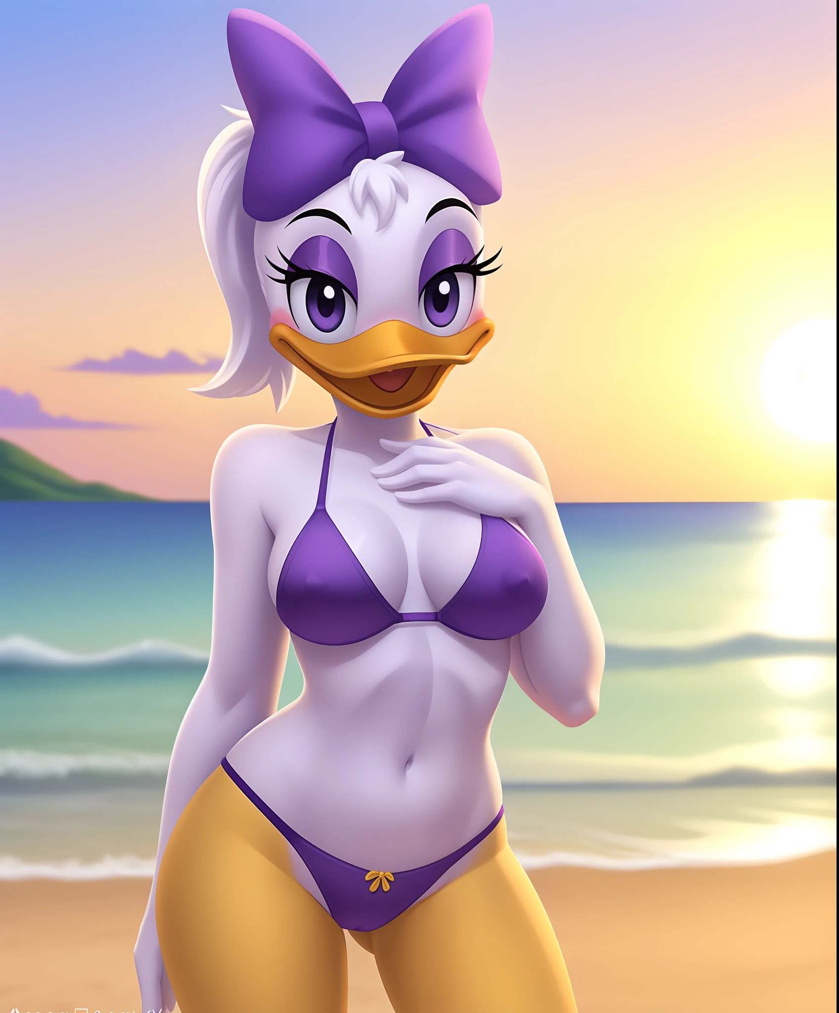 uploaded on e621, portrait of Daisy Duck ((sexy)), (purple bow on head), (ponytail), ((medium breasts)), (blush), (open mouth), ((purple bra and bikini)), (female duck ), (black eyeballs), (yellow legs), (avian), (feathery body), BREAK. (8k), (detailed lighting), ((detailed feathers)), (((looking at viewer))), ((posing at beach)), ((front view)), [backlighting], [detailed ambient light], ((depth of field)), (suggestive content), ((best quality)), (((masterpiece))), BREAK, whiter body