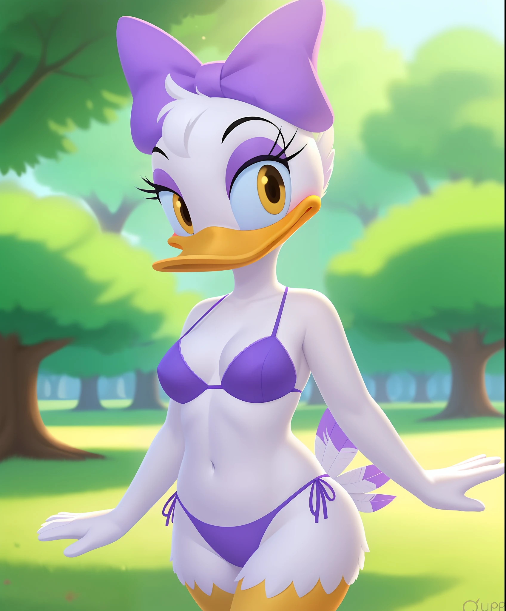 uploaded on e621, portrait of Daisy Duck ((purple bra and bikini)), (medium breasts), (tailfeathers), (blush), (smile), (pink bow on head), (female duck), (avian), (yellow legs), BREAK. (8k), (detailed lighting), (daytime), (standing at park), ((detailed feathers)), (perfect face), ((looking at viewer)), (by qupostuv35:1.0), [sunrays], [perfect 4k lighting], ((depth of field)), (suggestive content), ((best quality)), (((masterpiece))), BREAK