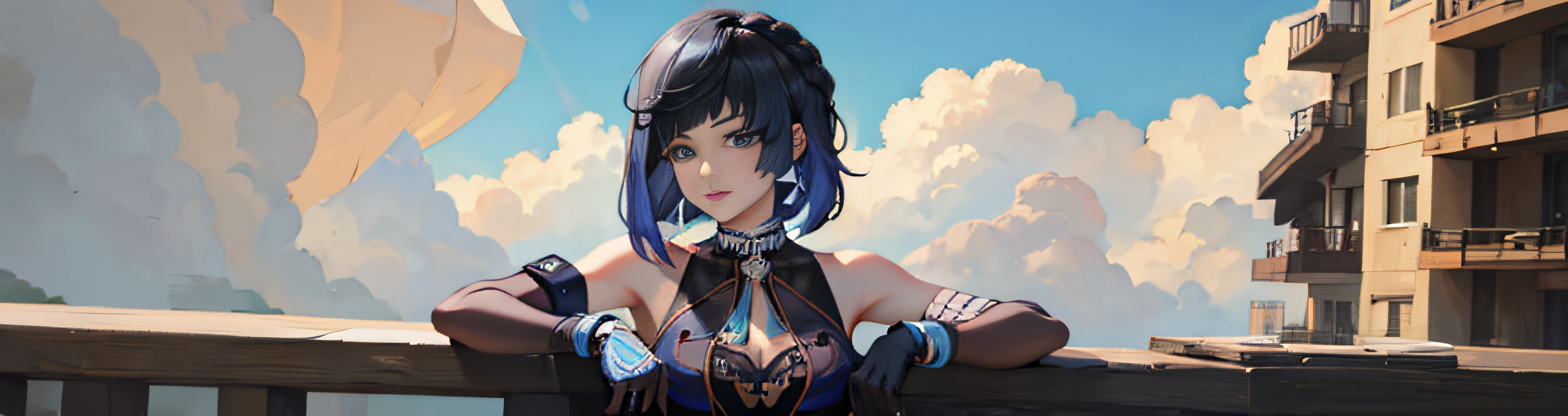 A stunningly beautiful yelan wearing a mini-skirted uniform sitting on top of a building