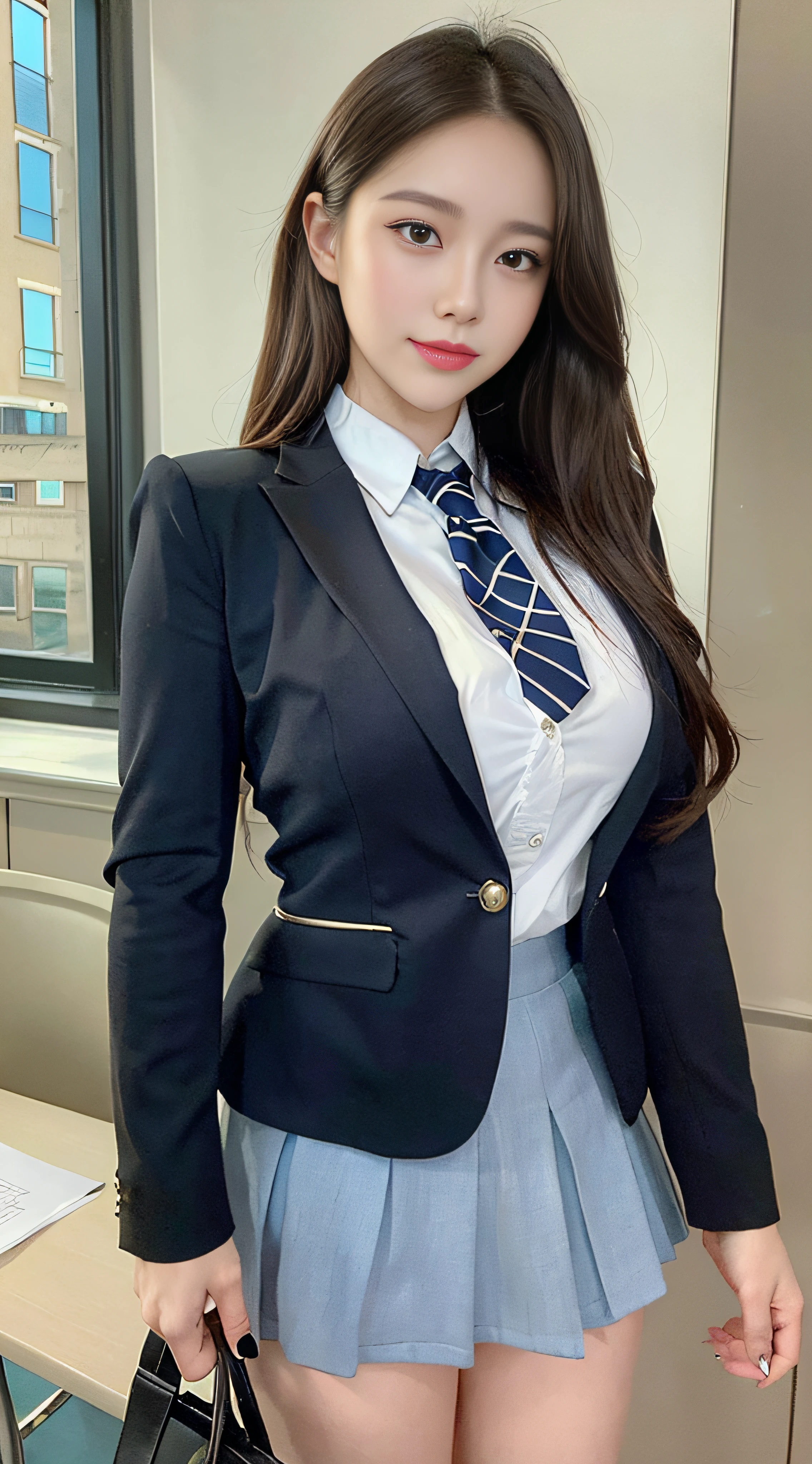 ((top quality)), ((masterpiece)), ((realistic)), stunning illustration of a girl in a school uniform posing confidently in a modern classroom. The artwork must be highly detailed and produced in high resolution (8k) to achieve the best quality. It should be realistic and realistic in style with soft, natural lighting. Color grading should be done professionally to enhance the subject's captivating presence. The work should show the charm and beauty of a woman and exude confidence. It should be at eye level, it should be scenic, it should be a masterpiece.25 year old woman,