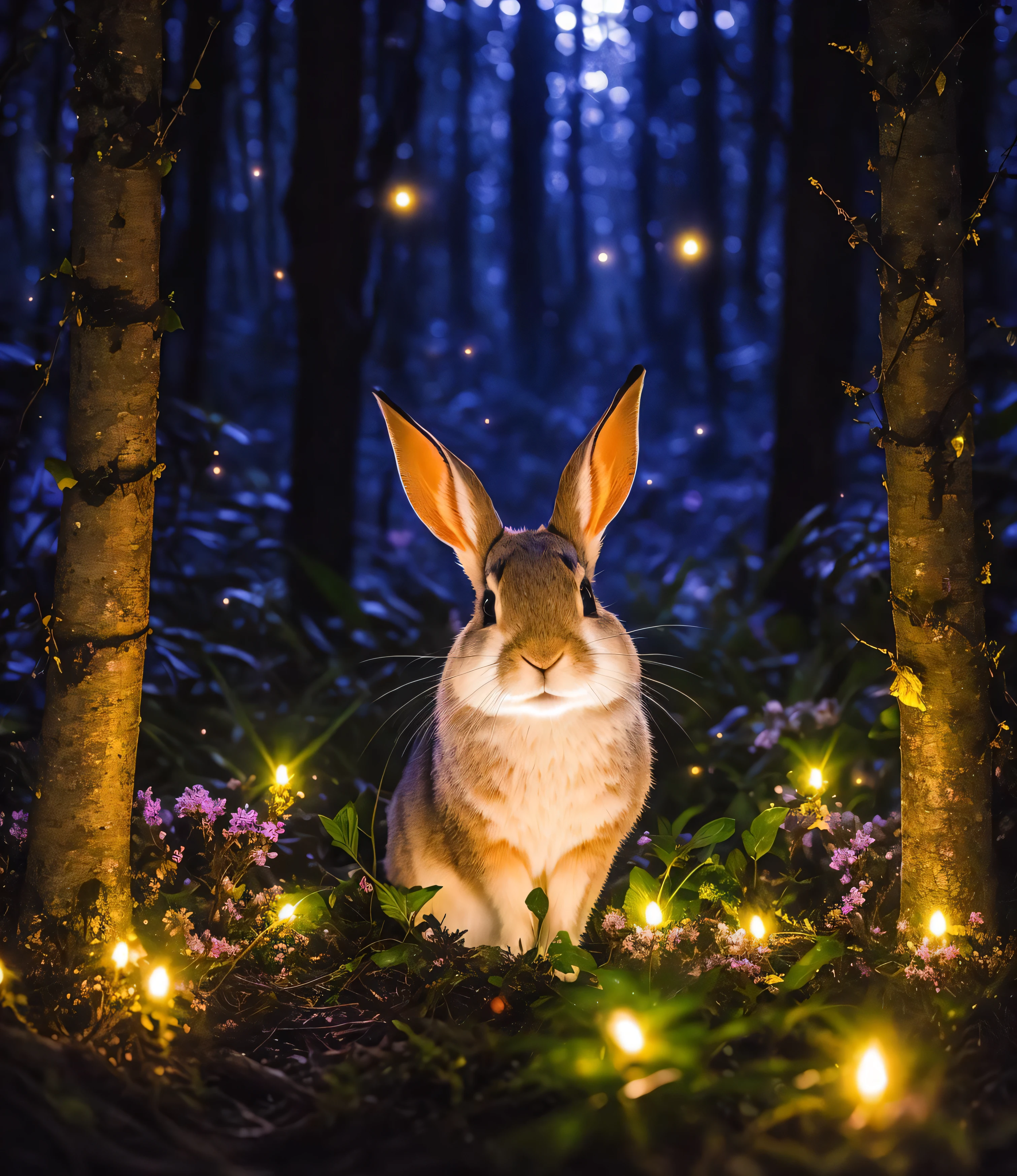 close up photo of a rabbit in an enchanted forest, nighttime, fireflies, volumetric fog, halation, bloom, dramatic atmosphere, centred, rule of thirds, 200mm 1.4f macro shot