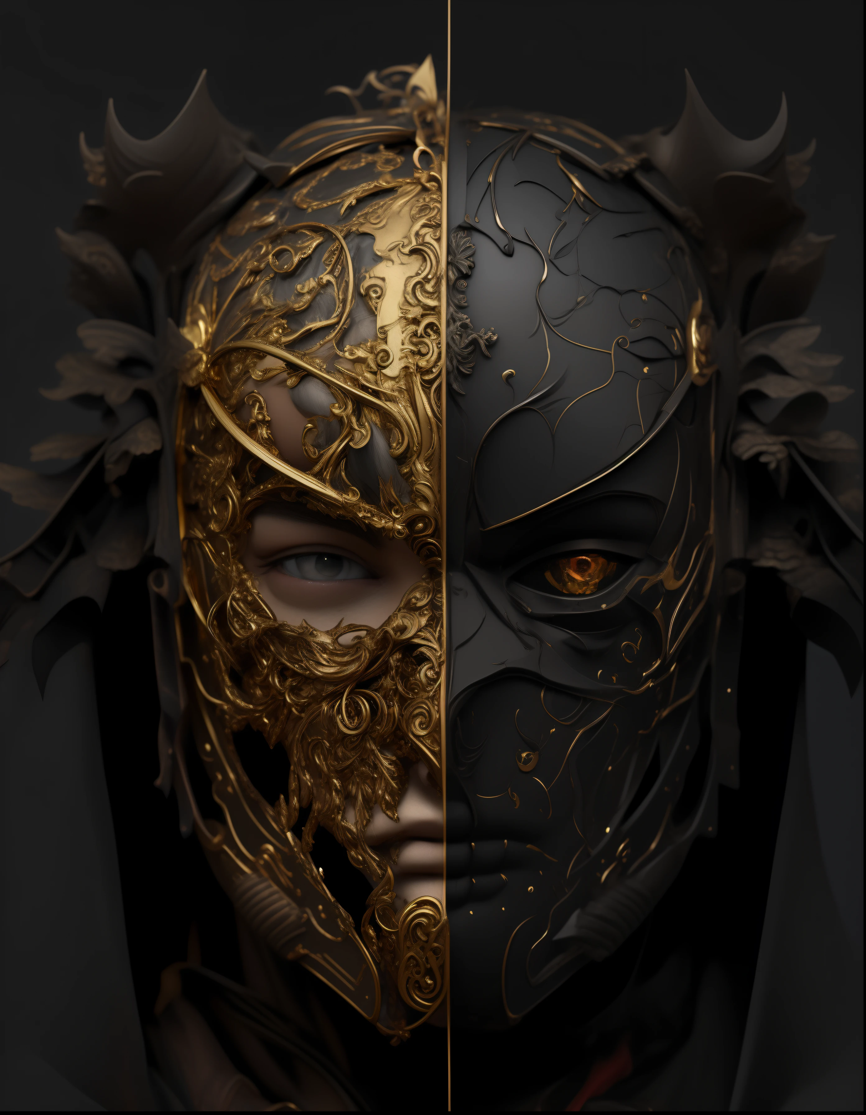 a closeup of a person wearing a mask with a gold and black design, personagem de fantasia hiperdetalhado, Vencedor do concurso ZBRUSH, obras de arte intrincadas. octan render, Vencedor do Concurso Zbrush Central, Arte 3D digital detalhada, detailed mask, intricate mask, CGSsociety, altamente detalhado, Arte digital altamente detalhada em 4k, intrincado estilo cgi anime ornamentado, wlop intrincado