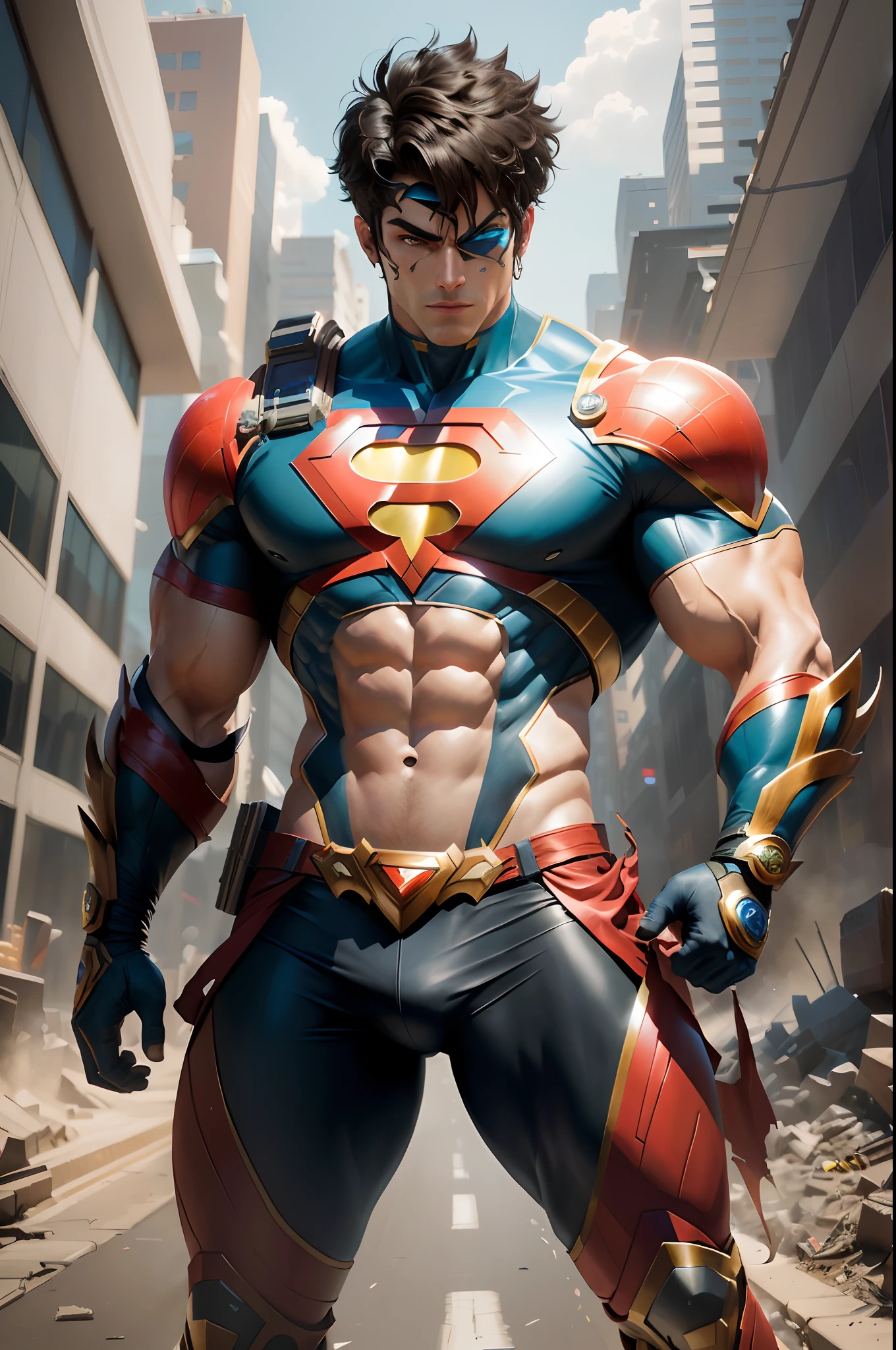 Arafed man in a superhero costume standing in a city, muscular male hero, 3 d render arte do caractere 8 k, superhero body, epic comic book style, inspirado em Ryan Barger, personagem de quadrinhos, super buff e cool, hero pose colorful city lighting, trending on ArtStation:3, unreal motor render saint seiya, obra-prima artstation