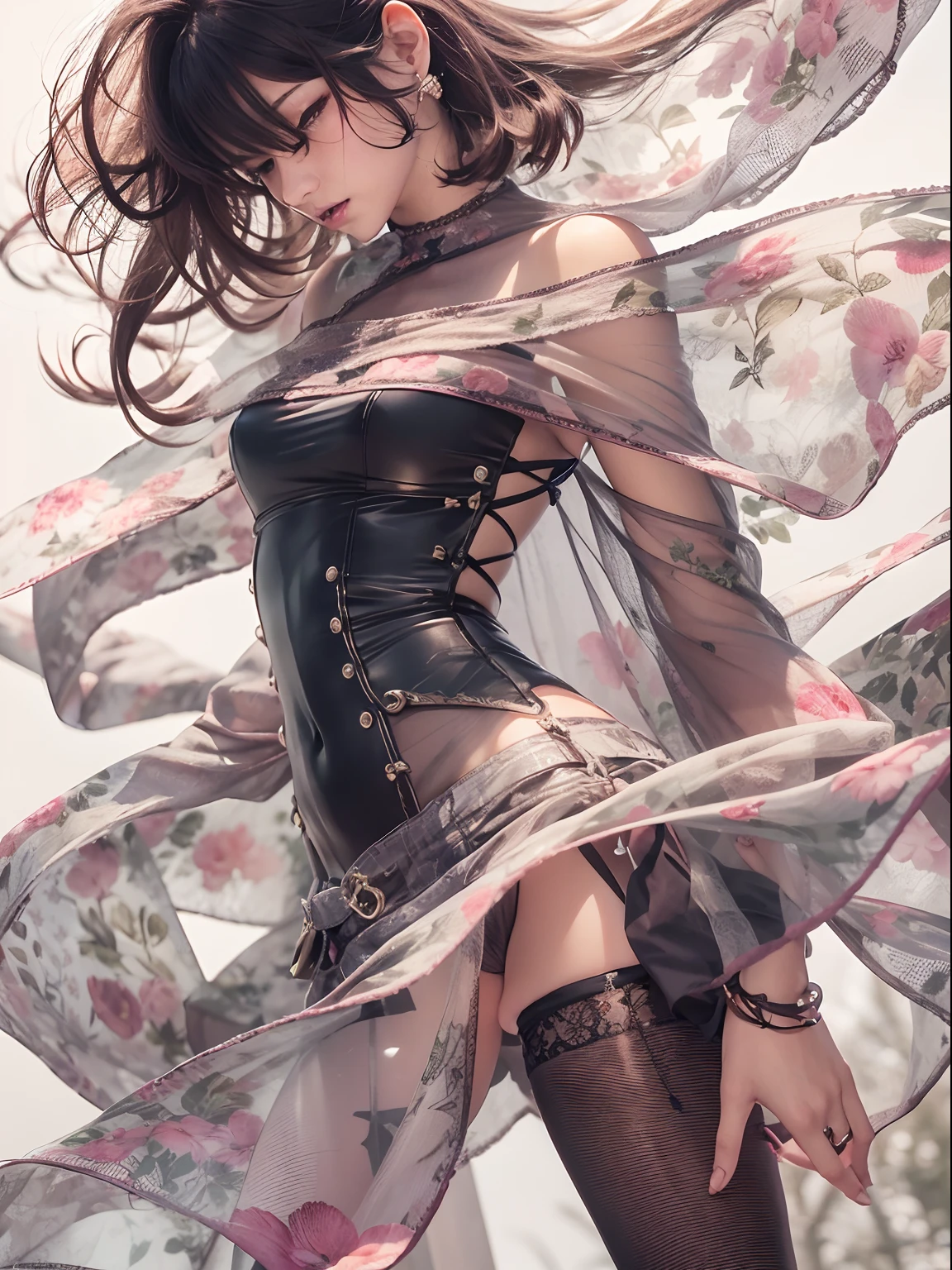 Holding a large see-through stole with pale pink floral pattern with both hands、Swaying in the wind。dark color、shackle、Halter Neck Bodysuit、Rubber Suit Corset、garterbelts、Upper eye、light-colored skin and loose navel skin,,,,,,,,,,,,,,,,,,,,,,,,。Skirt flutters in the wind and spreads。Dynamic Posing。Dancing Poses。
Loose clothing shows shoulders。Very beautiful girl at 19 years old。
Hair swaying in the wind。 masutepiece、Best Photoreal、portlate、Sheer clothing、wetted skin、Wet hair、Sexy look、Functional、Bewitching、Clothes with an open back、Oblique composition、Waterfall in the forest、Big hair ornament、Medium chest、Navel Ejection、Shiny knee-high socks、Bold open chest clothes、、hair adornments、