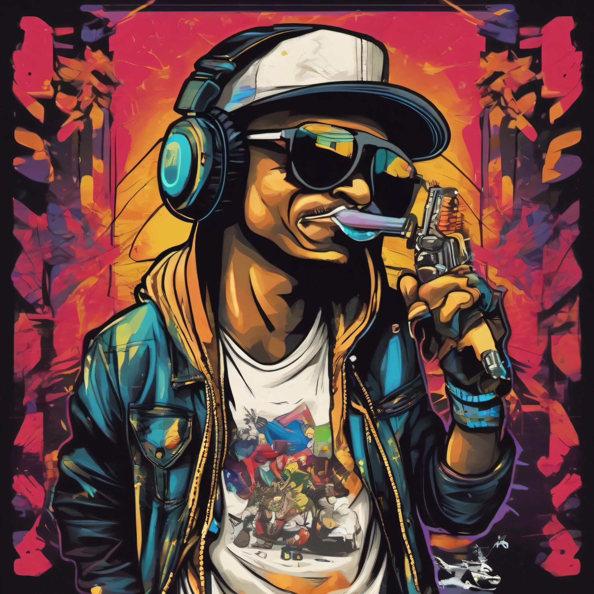 arte da camiseta, 2D, ((fundo preto :1, 5)), vetor, vivid colors, Funny character coelho personagem COM roupa ESTILO hip hop , melhor qualidade, detalhes intrincados, Realistic details, luz de aro, cinematic shading, Greg Rutkowisk,