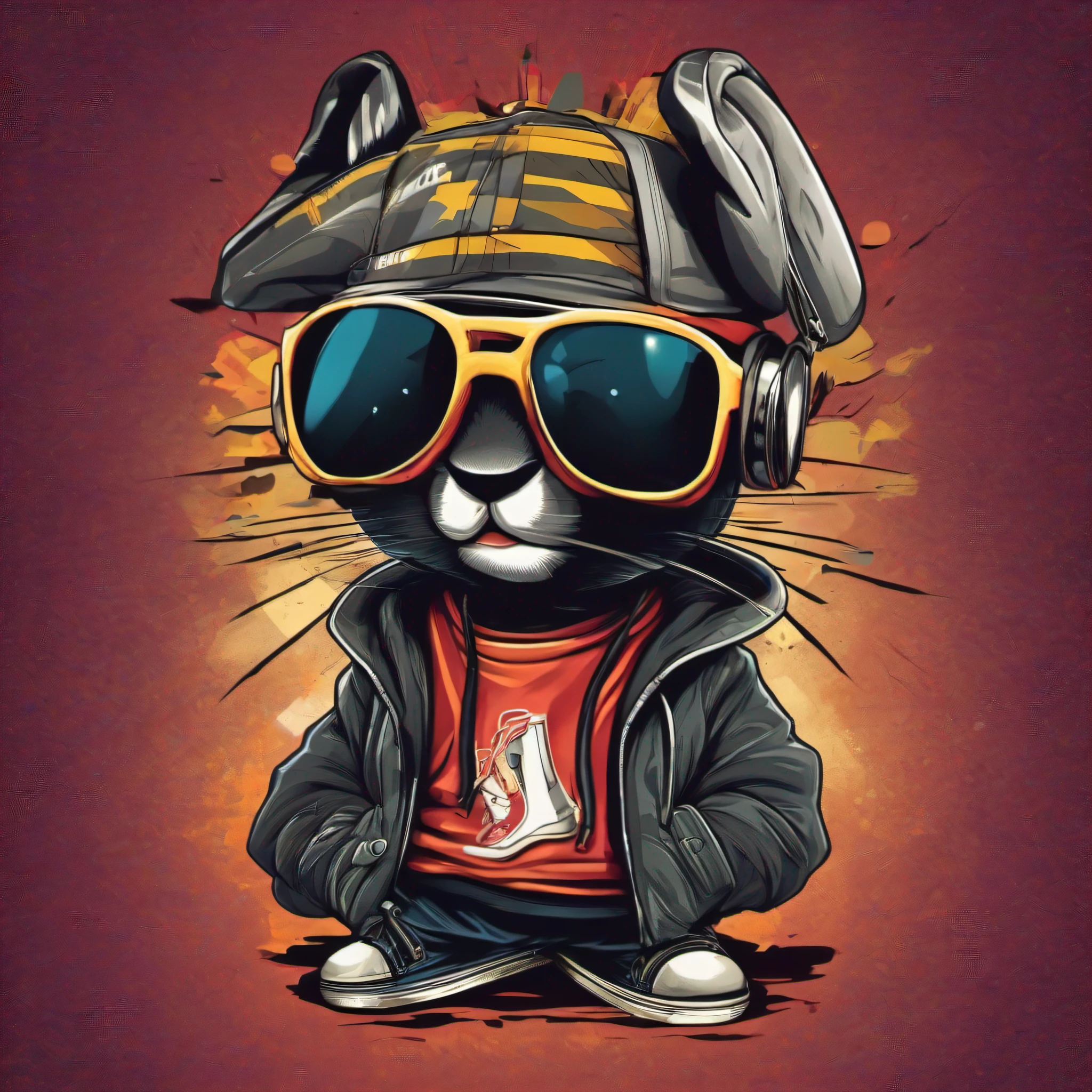 arte da camiseta, 2D, ((fundo preto :1, 5)), vetor, vivid colors, Funny character coelho personagem COM roupa ESTILO hip hop , melhor qualidade, detalhes intrincados, Realistic details, luz de aro, cinematic shading, Greg Rutkowisk,