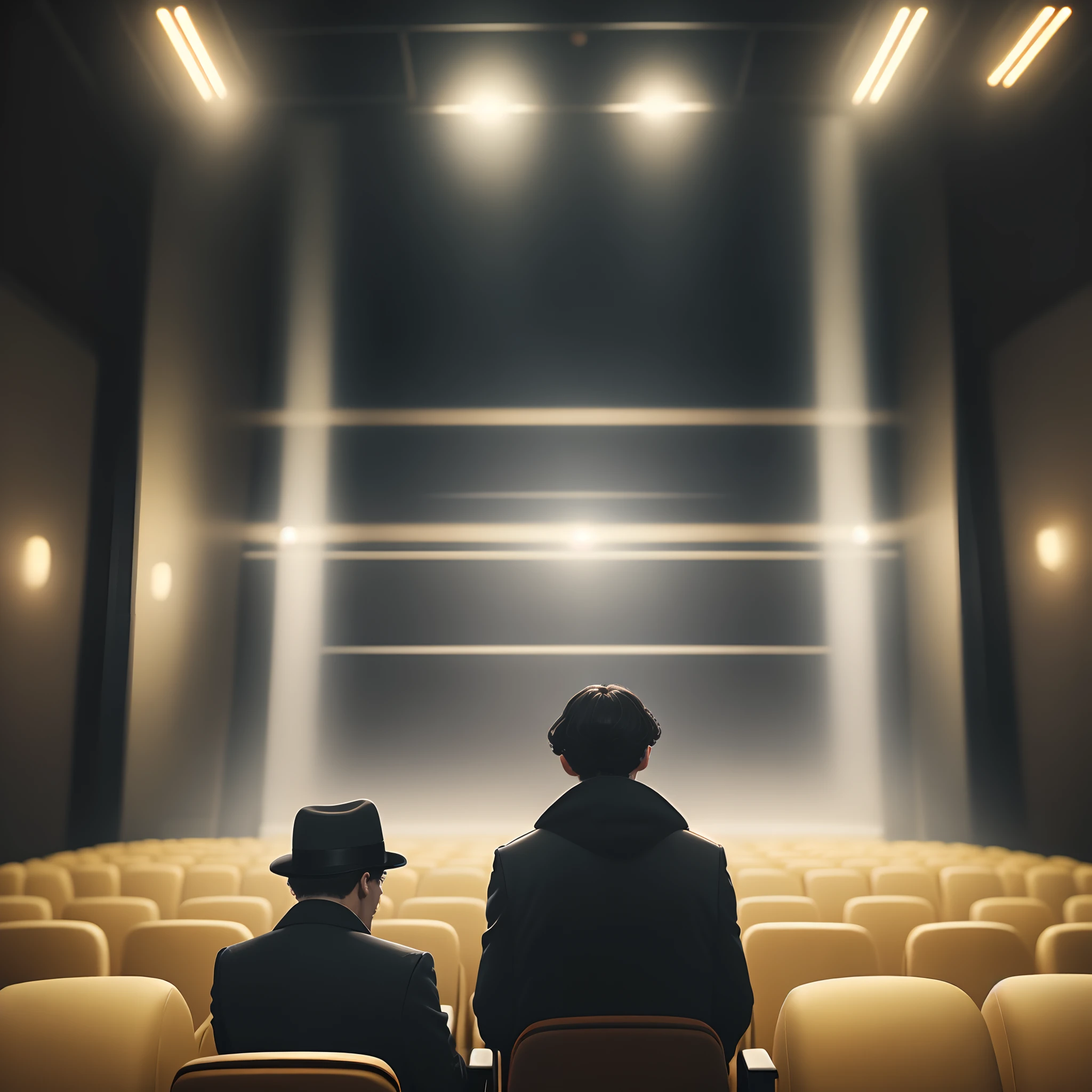 A detective in a movie theater.
Sitting on red chairs.
A detective dressed in black looks like a character.
 Sherlock Holmes in the BBC series Sherlock Holmes
The style of the picture looks like a movie poster. 
Dim، black، and a pale yellow light on the character، dark throughout the entire space.
Cinematic and artistic.
Picture size 16:9 to be