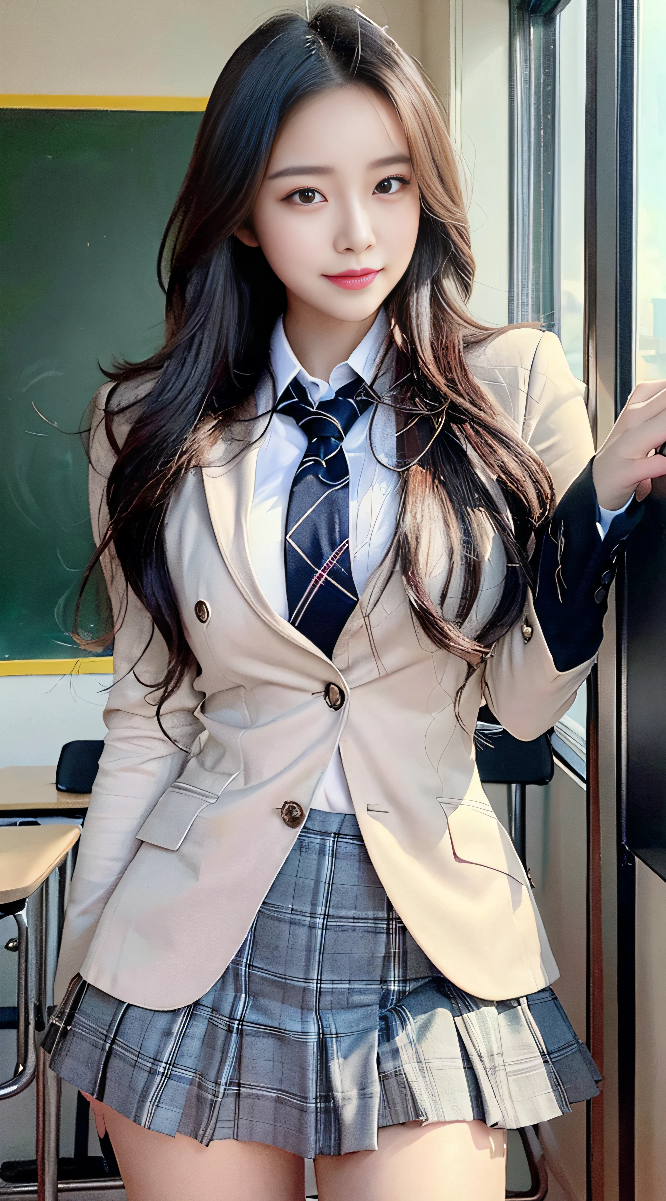 ((top quality)), ((masterpiece)), ((realistic)), stunning illustration of a girl in a school uniform posing confidently in a modern classroom. The artwork must be highly detailed and produced in high resolution (8k) to achieve the best quality. It should be realistic and realistic in style with soft, natural lighting. Color grading should be done professionally to enhance the subject's captivating presence. The work should show the charm and beauty of a woman and exude confidence. It should be at eye level, it should be scenic, it should be a masterpiece.25 year old woman,
