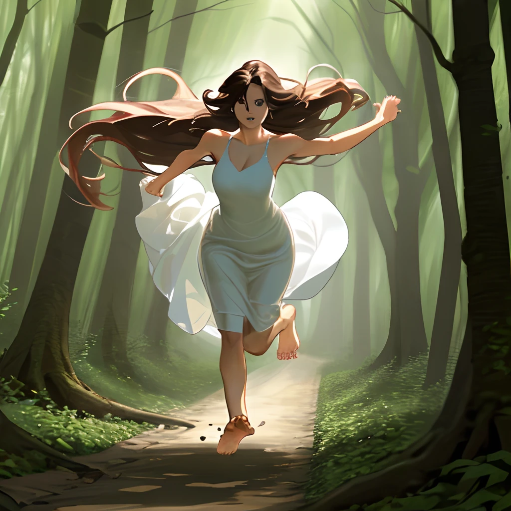 woman in a long white dress and flowing hair, running barefoot in a shady forest