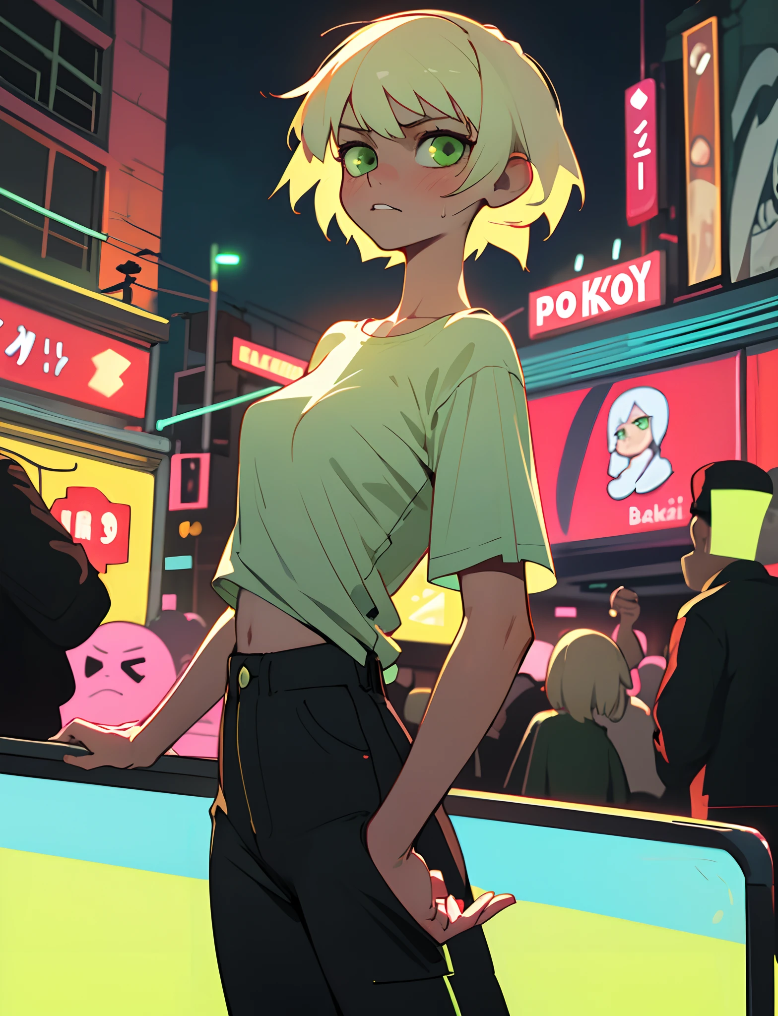 masterpiece, best quality, nsfw, 1girl, platinum blonde hair, short hair, green eyes, braids, small perky breasts, on the street, night, neon light, white t-shirt, braless, black pants, poker face, front view, standing, in crowd,