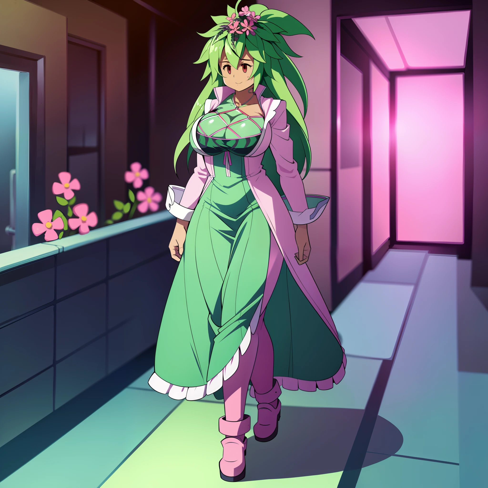 kanna blaster master, flora fauna, female,, huge chest, full clothed dress, walking, full body