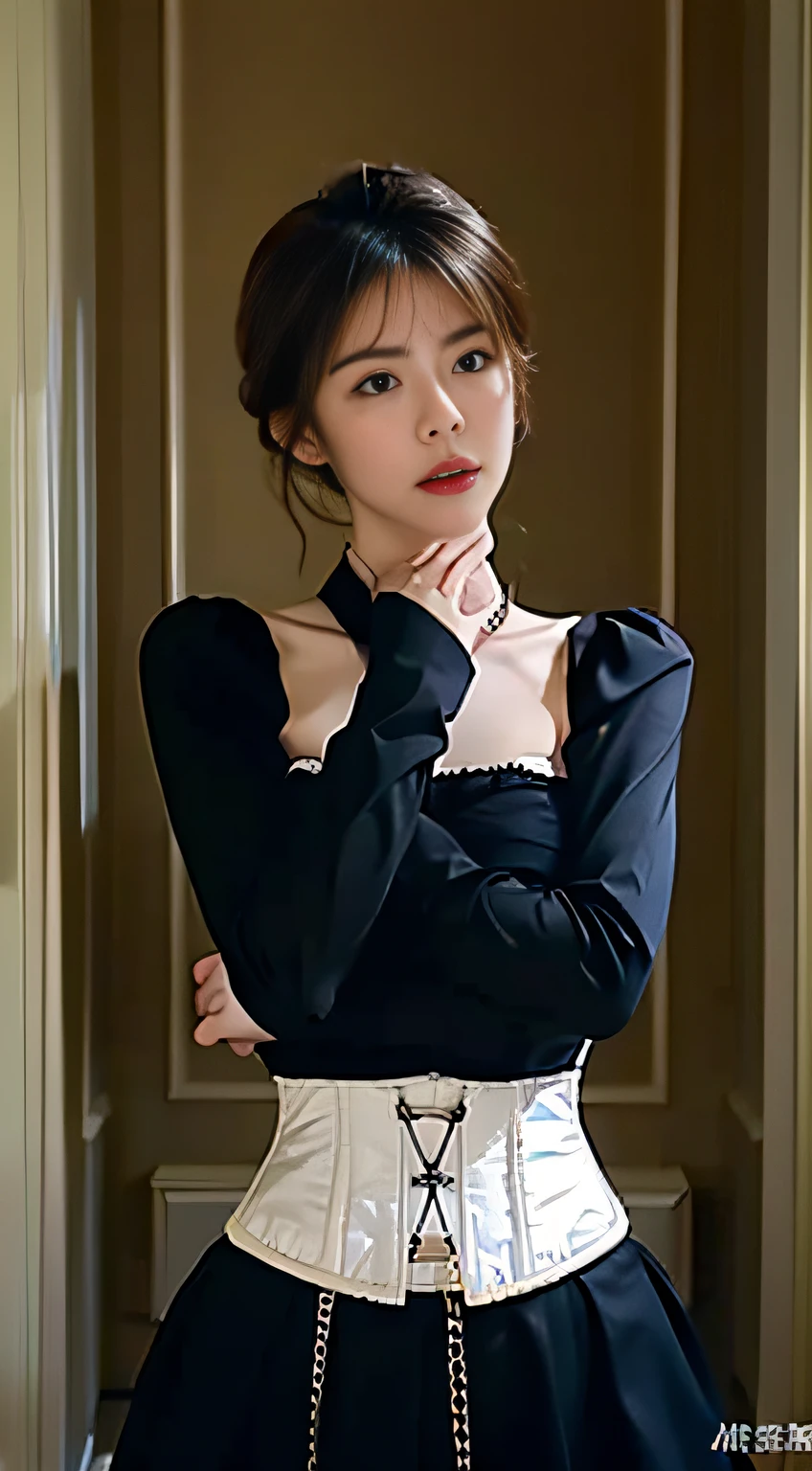 (Best Quality, Masterpiece: 1.1), (Fidelity: 1.4), 1 Girl, Upper Body, Shortcut, Jail, Black Corset, Slave Chain, Chain Collar, Slave, Shackles, Disturbed Clothing, Panties, Rope, arm tattoo