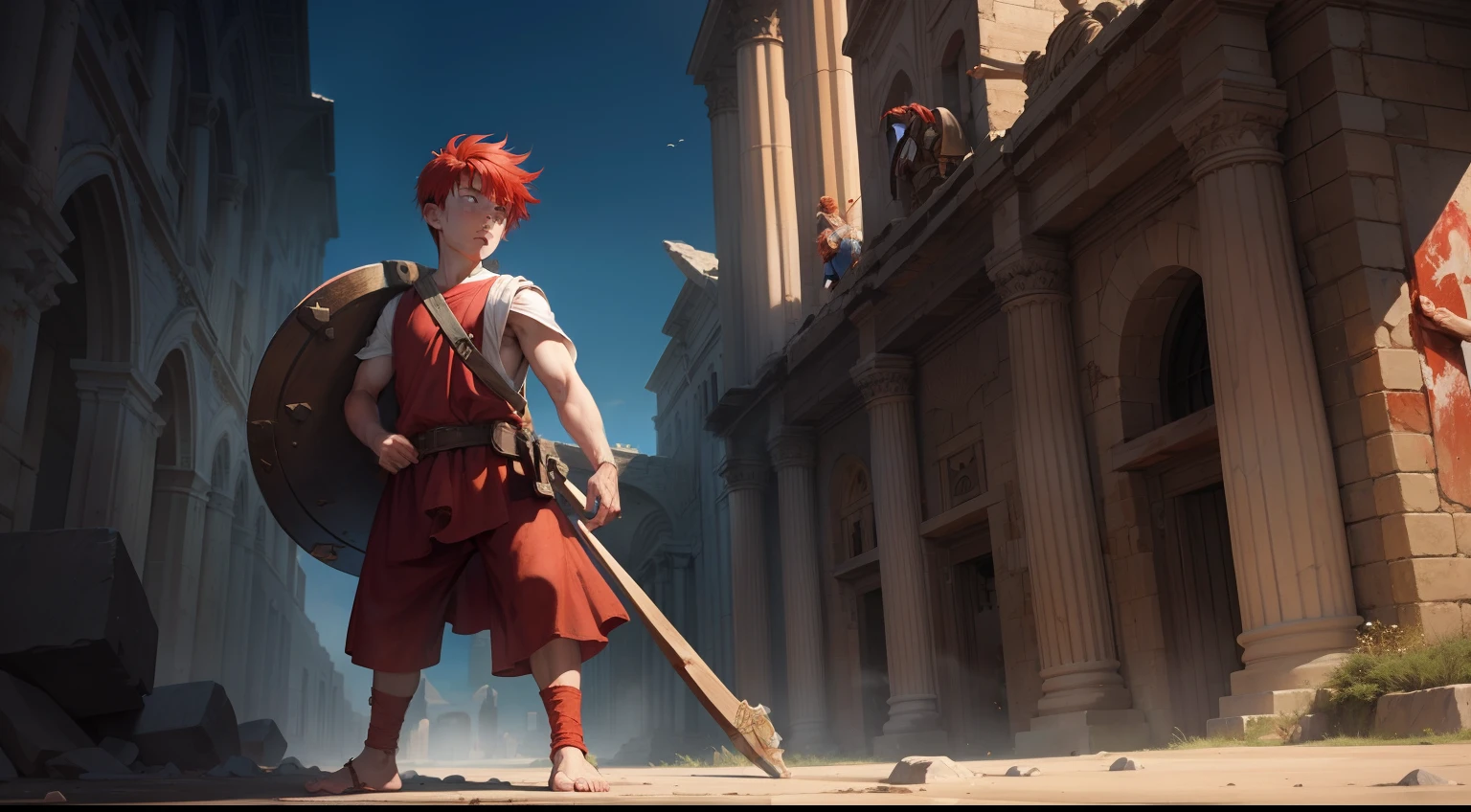 David of the bible small fragile boy, red hair, with a sling in his hand and stones, faces a huge giant Goliath, image full of details, blood everywhere, the giant is without his eye.
