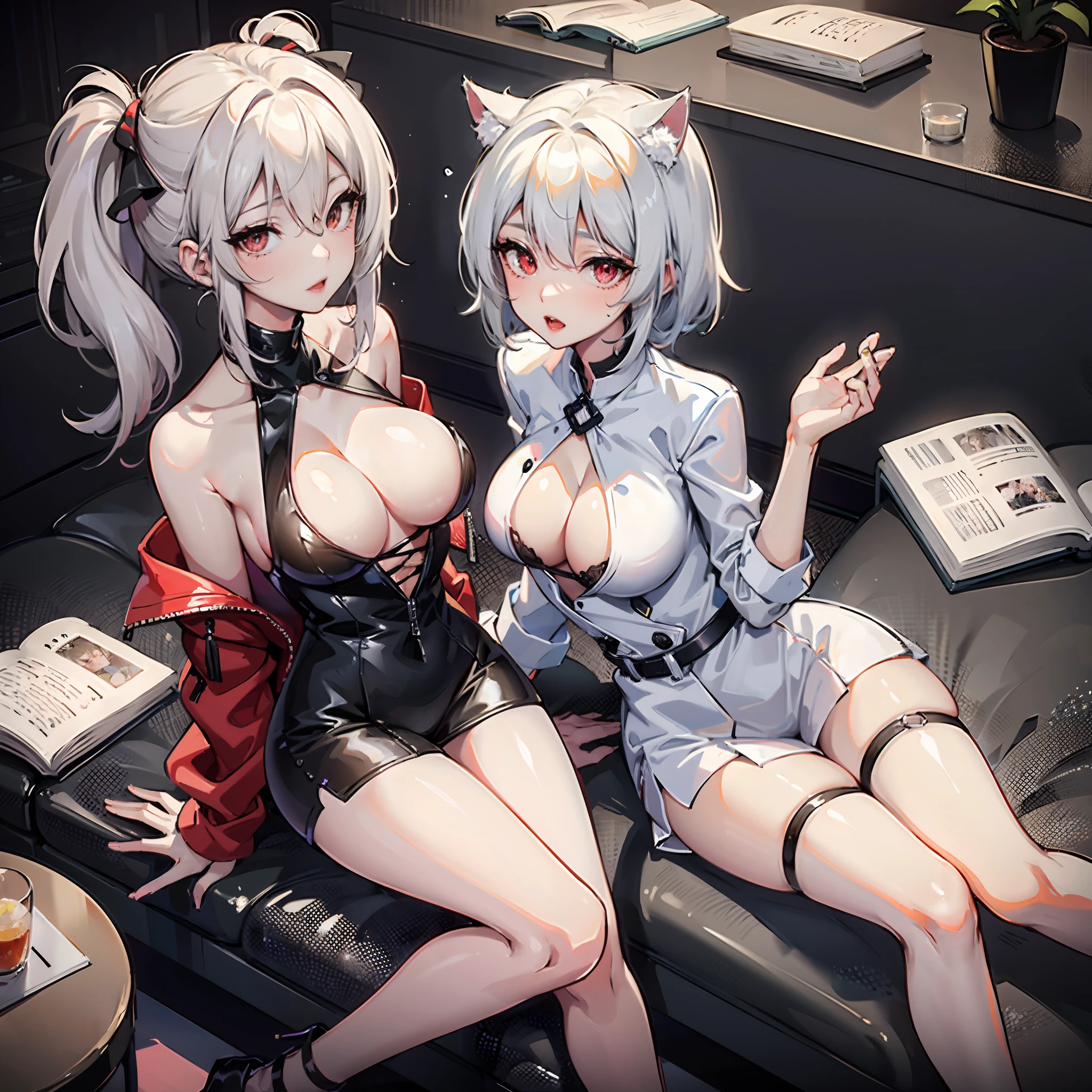 Anime - Two cute sexy woman style illustrations with horns and cat ears, trending on artstation pixiv, jazza and rossdraws, WLOP and Sakimichan, White Cat Girl, [ 4 K digital art ]!!, cushart kenz, white haired Cangcang, Guweiz on ArtStation Pixiv, From Arknights, White-haired，Transparent undershirt，Warm，book