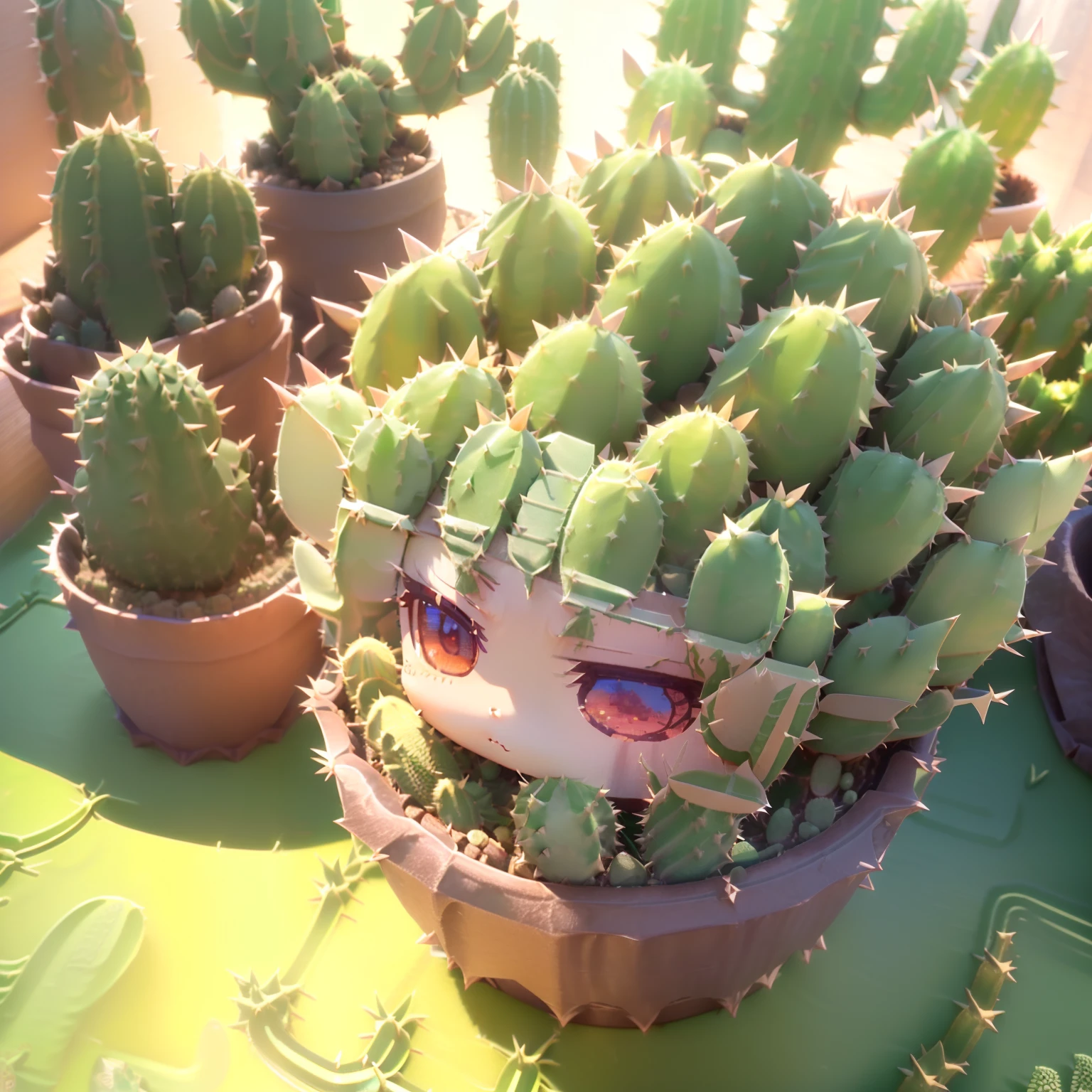 (((chibi 3d))) Cute and beautiful chibi anime//a lot of green thorns(サボテン🌵の着ぐるみを着ている:1.8) The windowsill of a Western-style building,Morning sun shines through the window